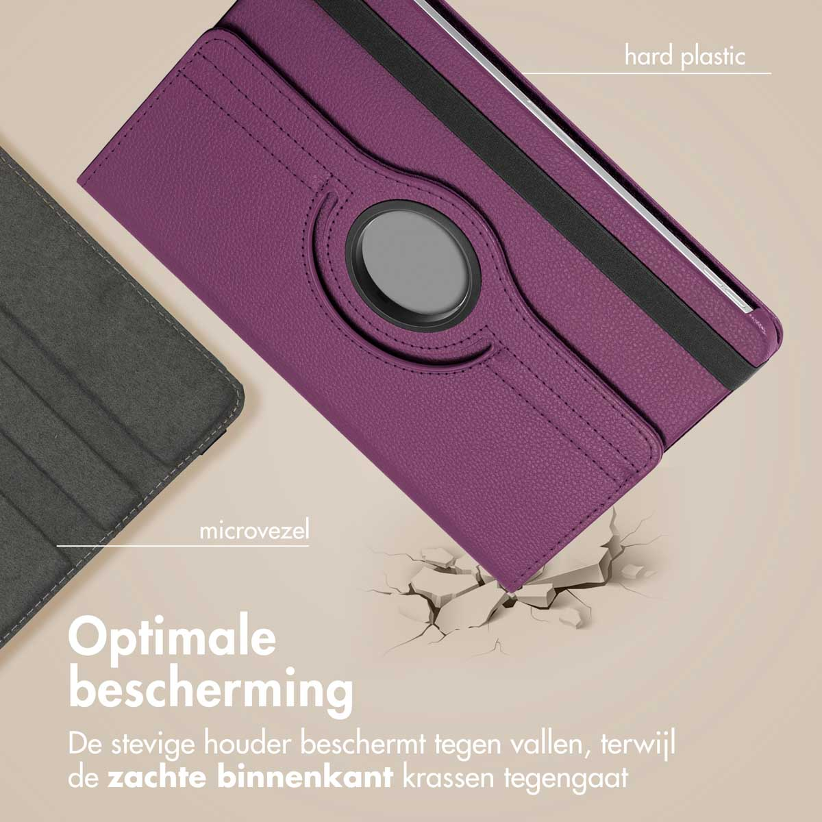 Purple tablet case with a gray interior. Close-up shows hard plastic and microfiber.