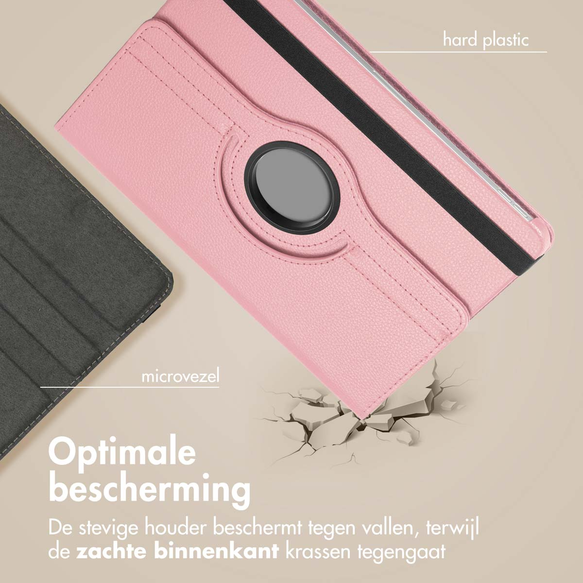 Pink tablet case showing microfibre inside and a hard plastic part. Case on cracked ground.