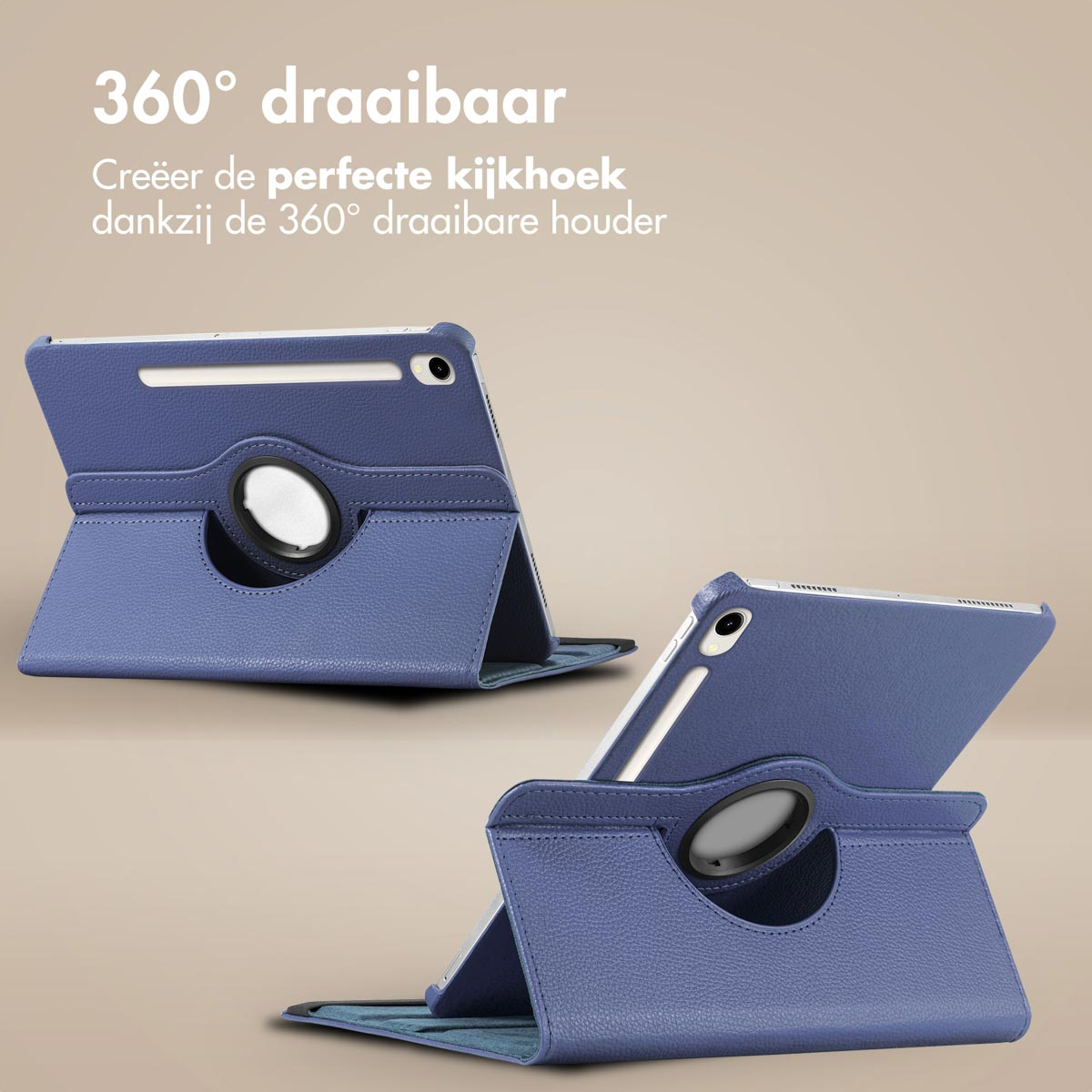 Blue tablet case with a 360° rotating stand. Two tablets in different positions are shown.