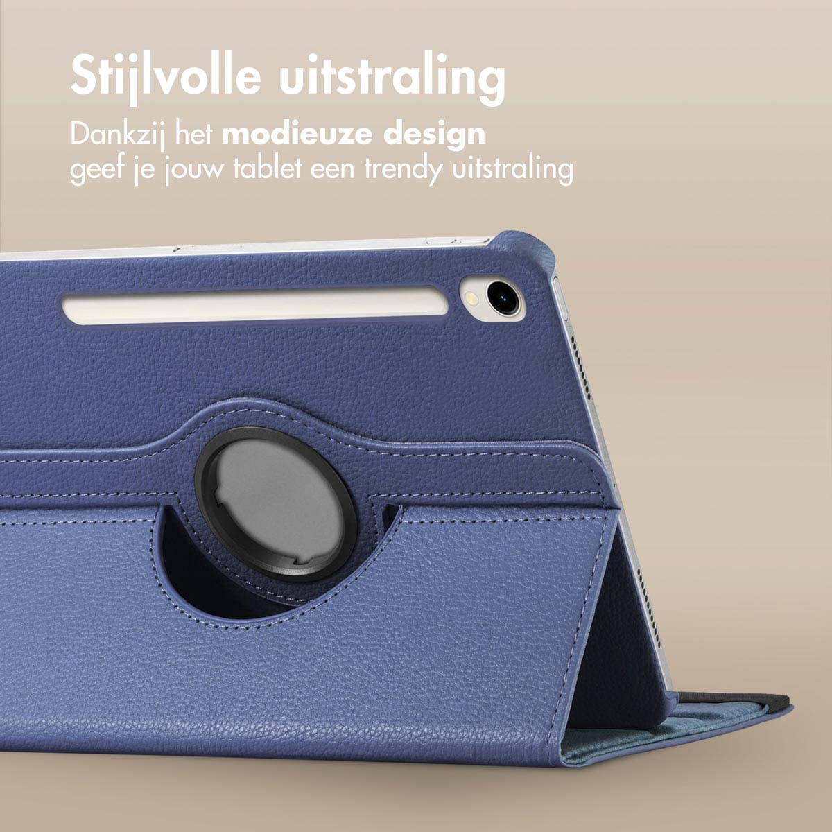 A blue tablet case with a tablet inside. The case is open. The background is tan.