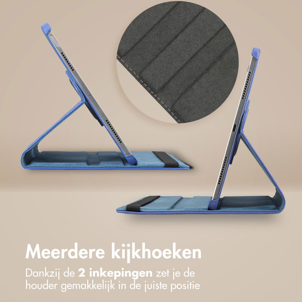 Twee aanzichten van een blauwe tablethoes met een schuine standaard.
