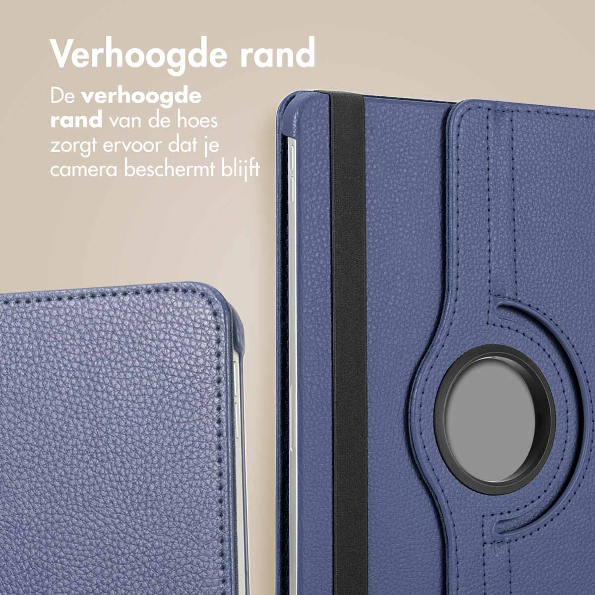 Close-up of a blue tablet case with a black strap. Text: Raised edge. Protects the camera.