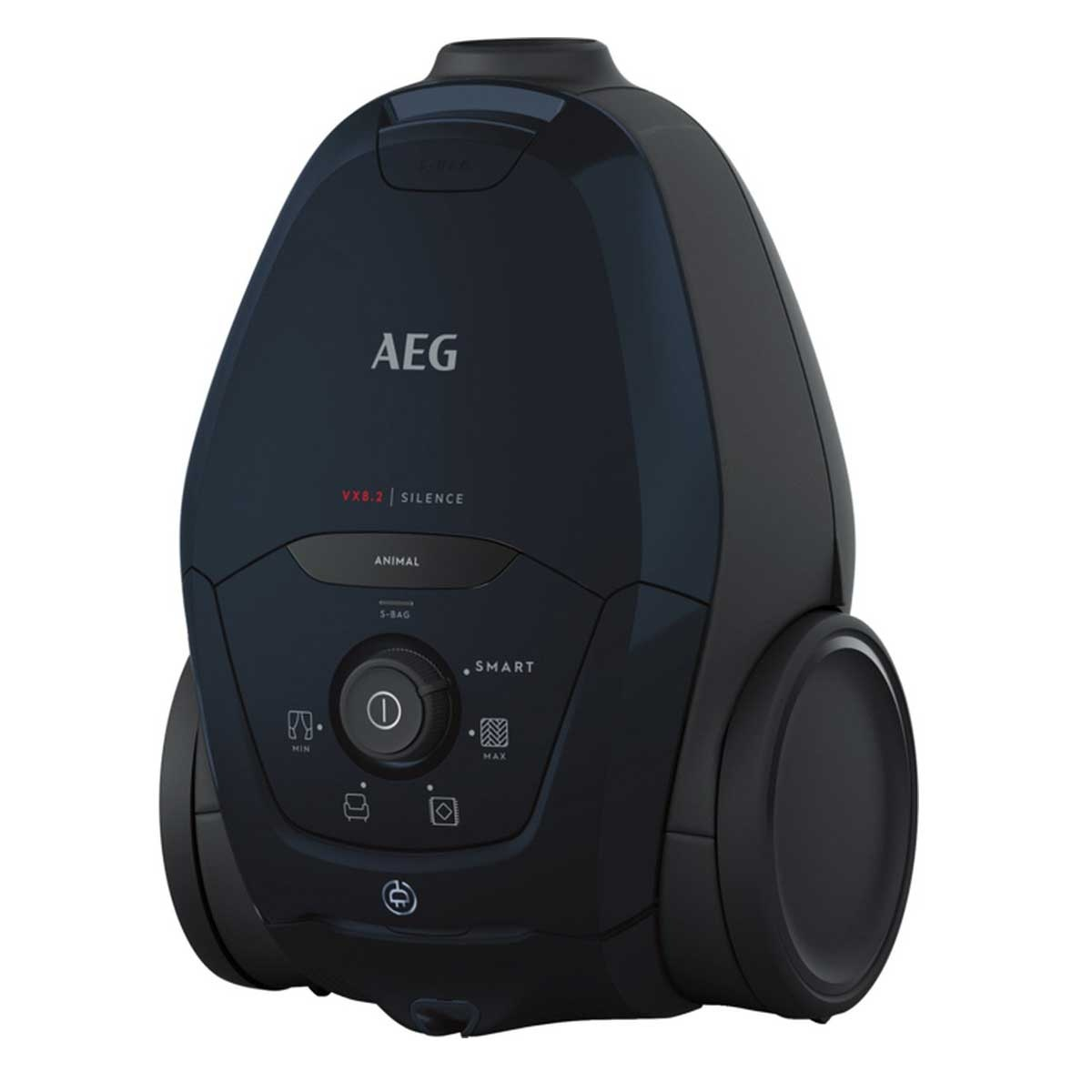Black vacuum cleaner with wheels, control buttons, and the AEG logo. It is on a white background.