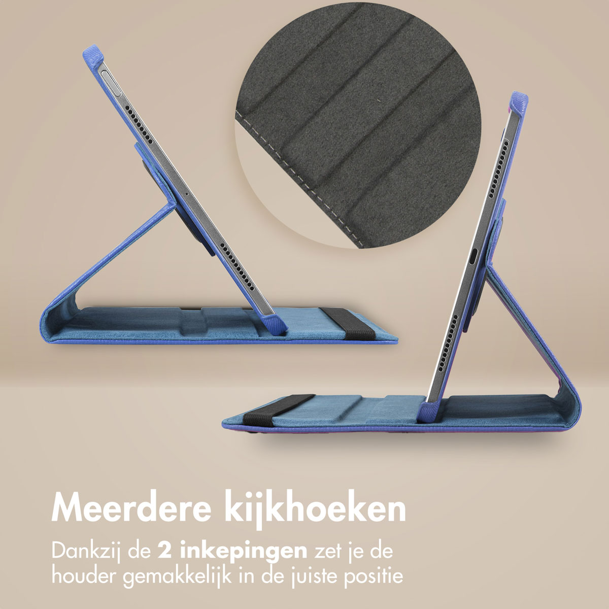 Blue tablet case with stand. Close-up of the stand and the tablet. Additional image of the texture.