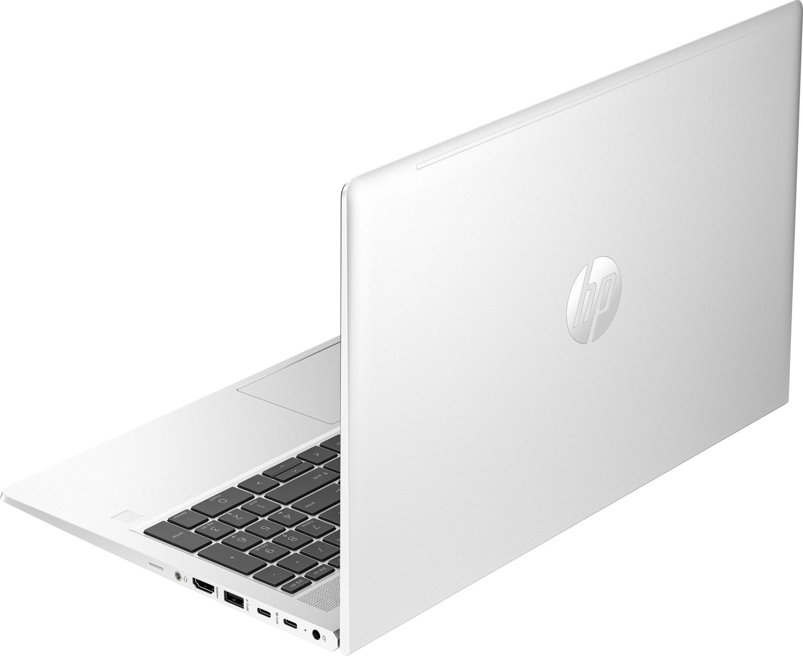 Tył białego laptopa, logo HP, otwarty. Klawiatura widoczna. Białe tło.