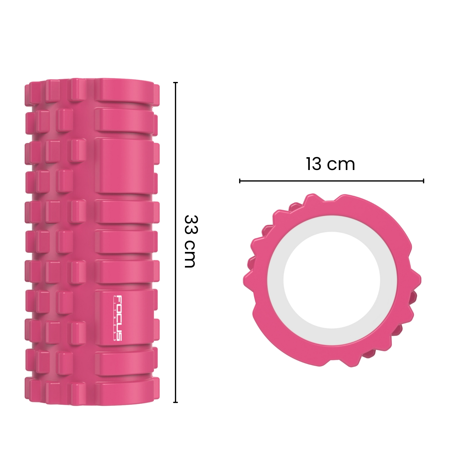 Roze foamroller met afmetingen. Cilindrische en doorsnede aanzichten.