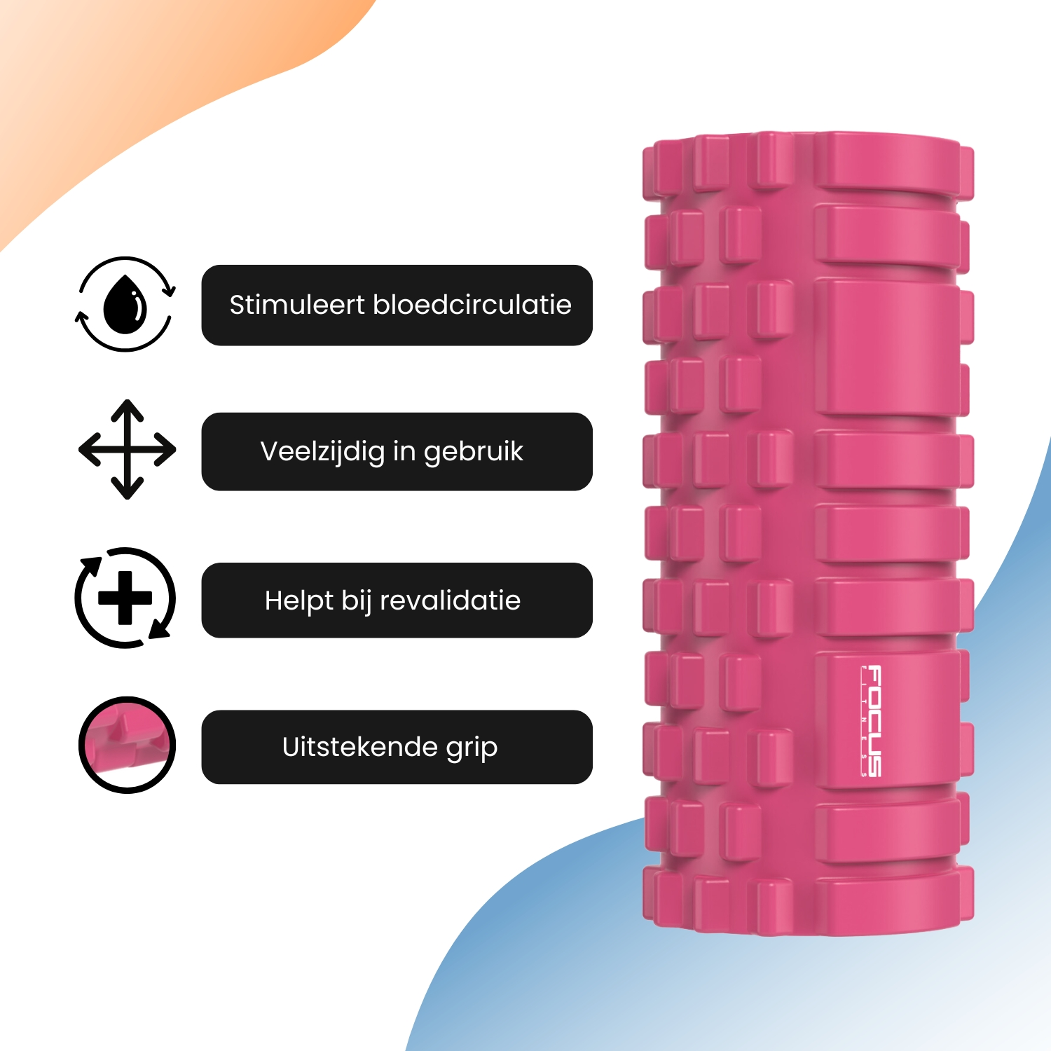 Roze foamroller met functies: stimuleert de bloedsomloop, veelzijdig, helpt bij revalidatie, goede grip.
