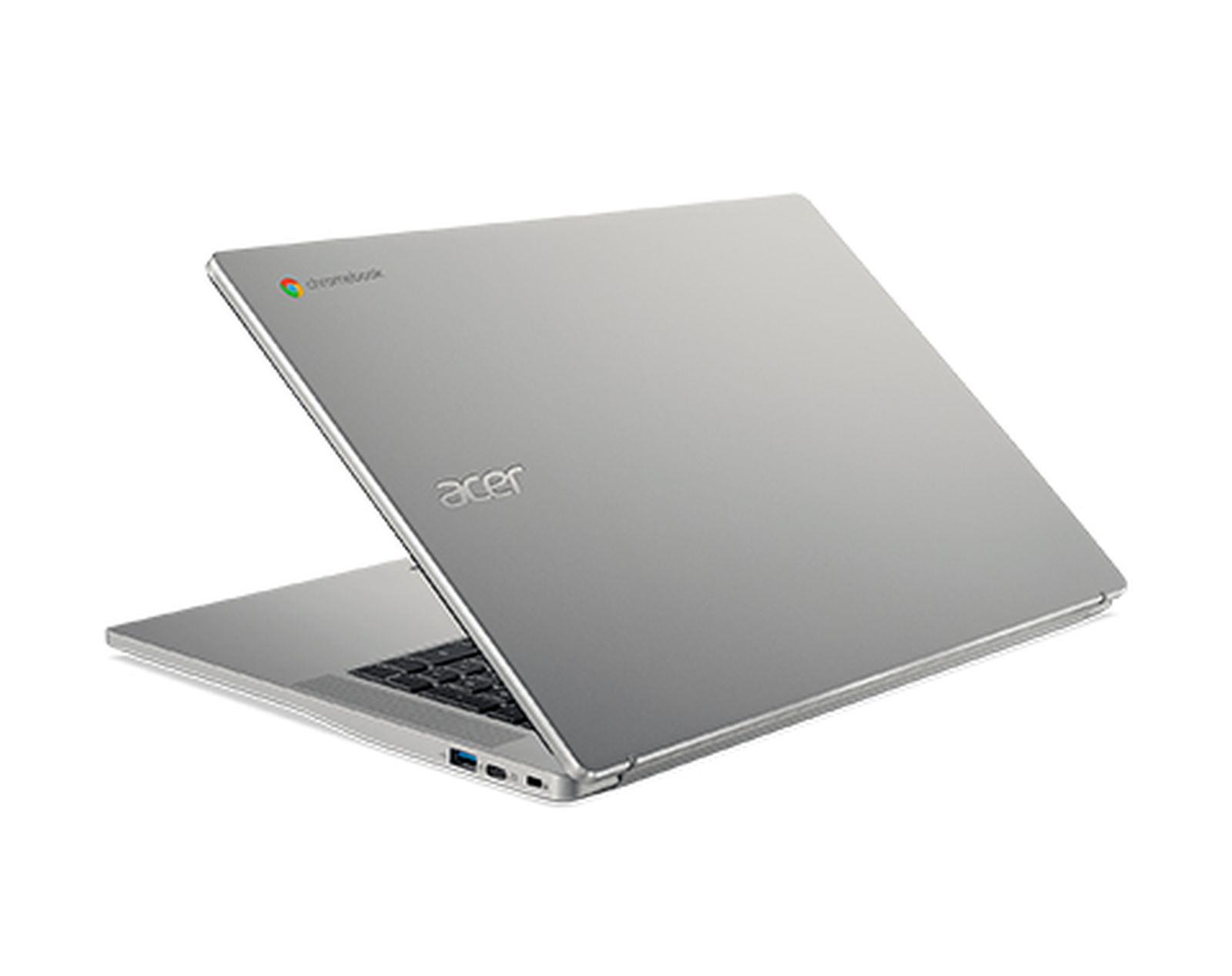 Silberner Laptop, teilweise geöffnet, zeigt die Rückseite und die Tastatur.