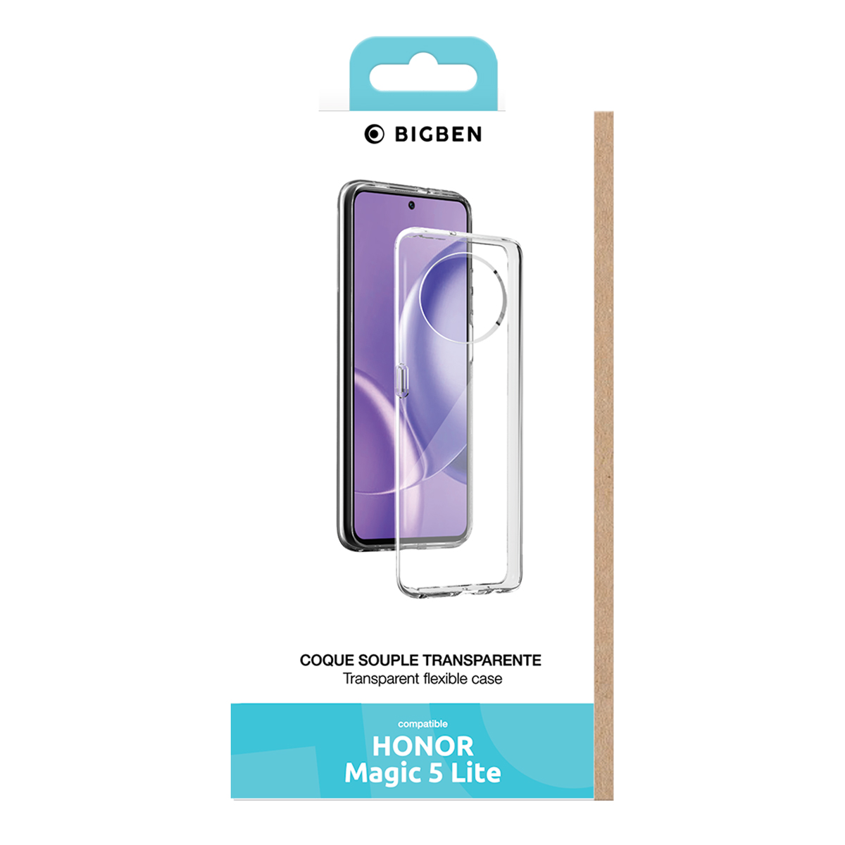 Eine Handyhülle in Verpackung, mit einem Telefon darin. Die Hülle ist transparent.