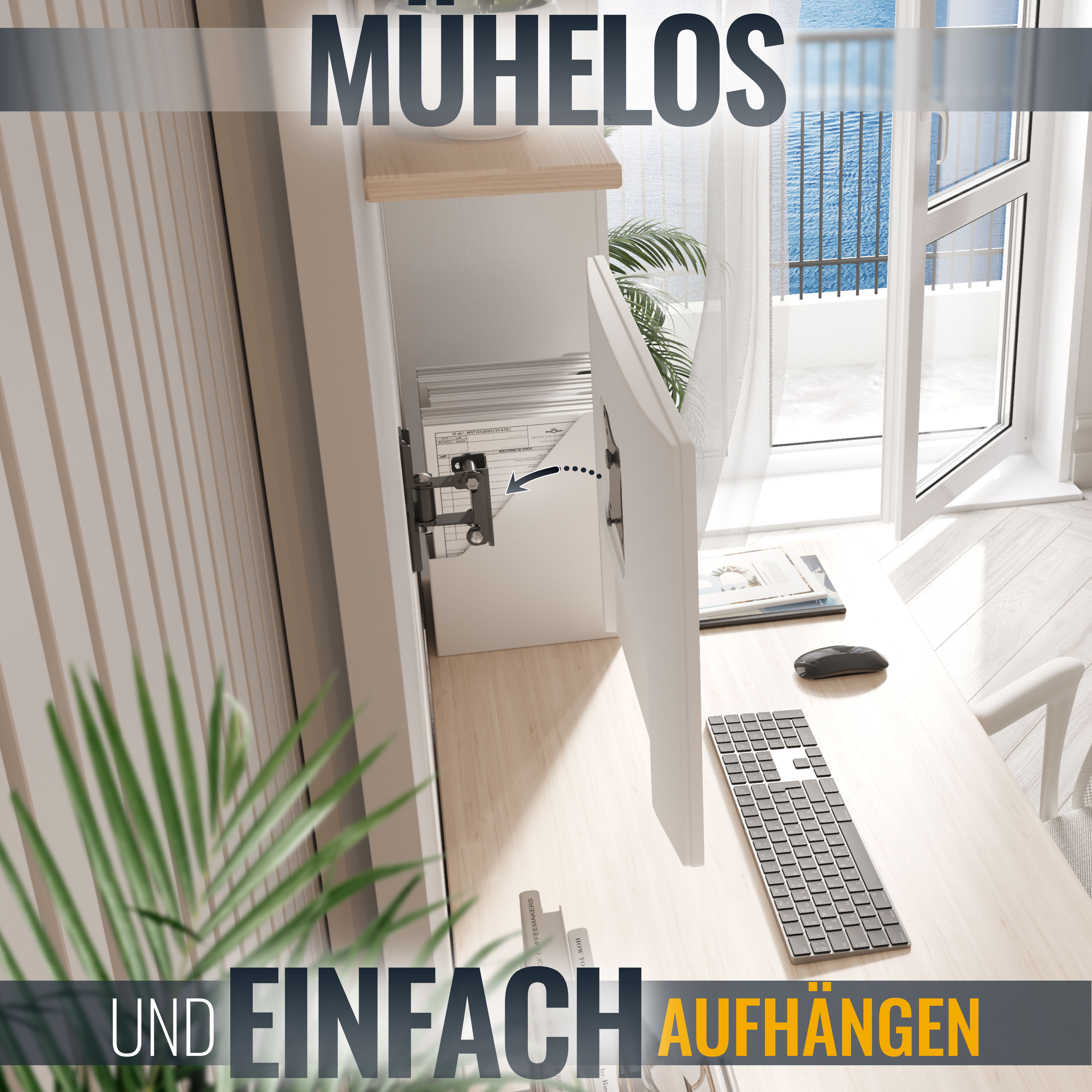 Eine Raumszene, mit einer Tür, die sich öffnet und einen Schreibtisch mit Tastatur und Fenster zeigt.