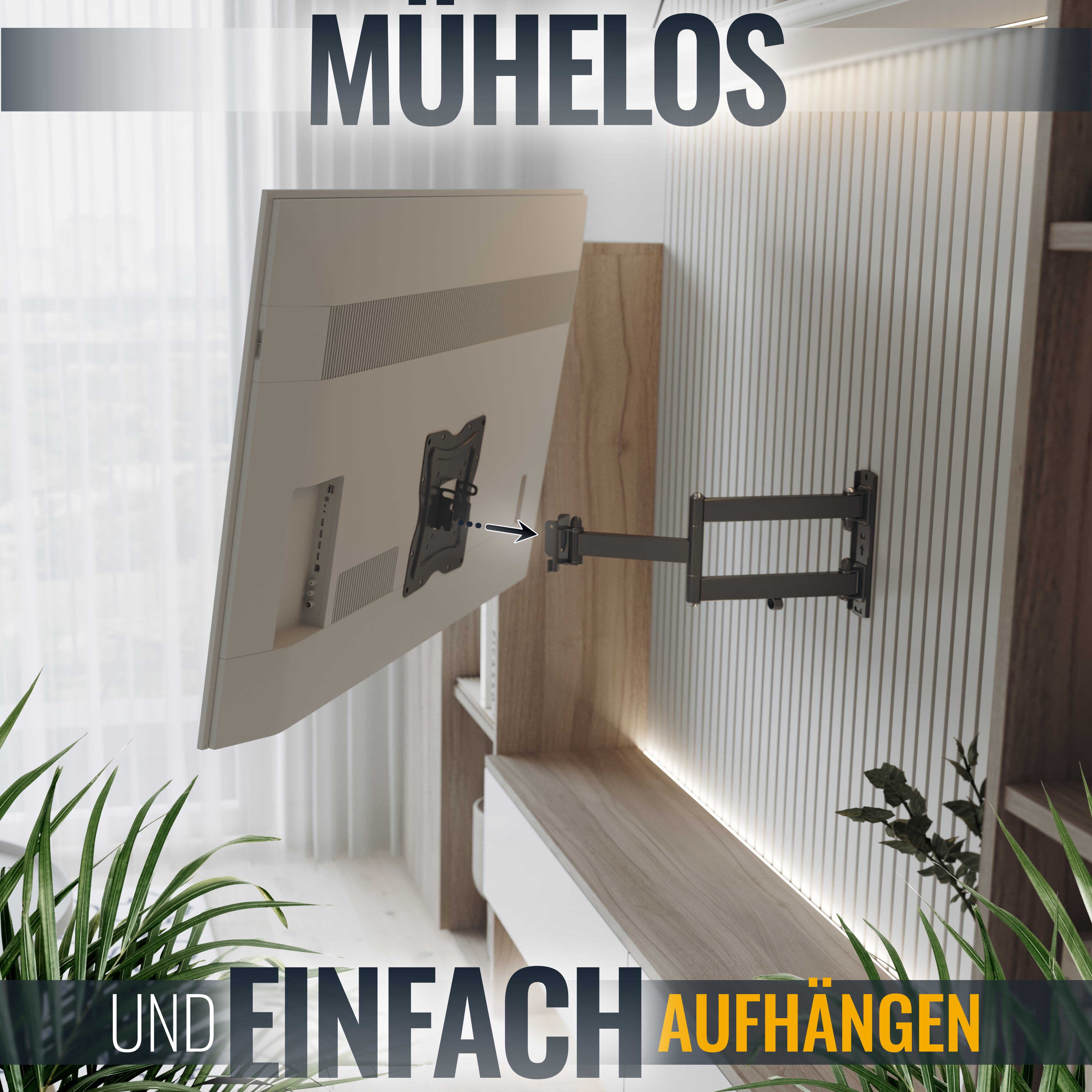 Ein Fernseher wird mit einer Halterung an einer Wand montiert. Text: 'MÜHELOS UND EINFACH AUFHÄNGEN'.