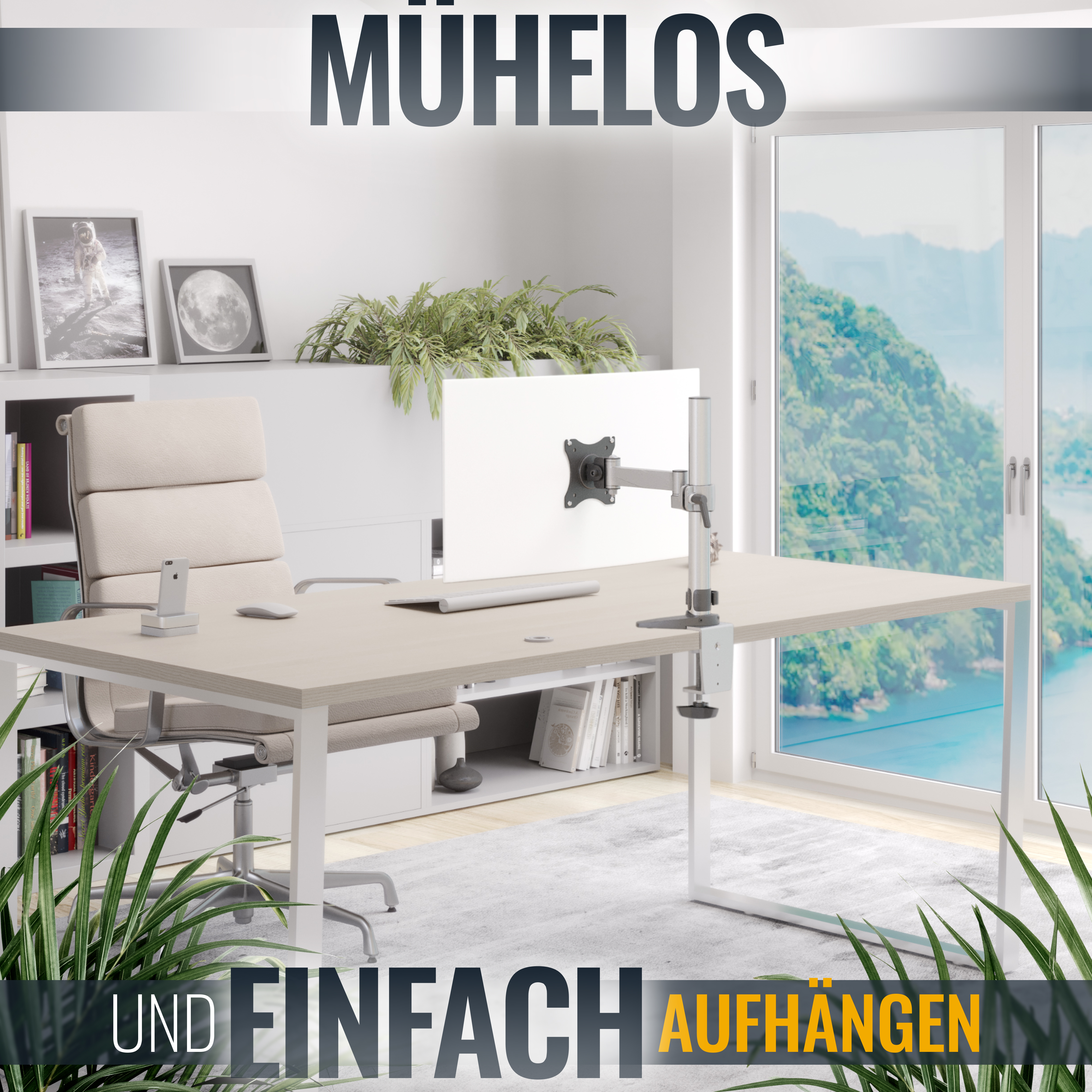 Ein modernes Büro mit weißem Schreibtisch, Computer und Monitorarm, mit grünen Pflanzen.