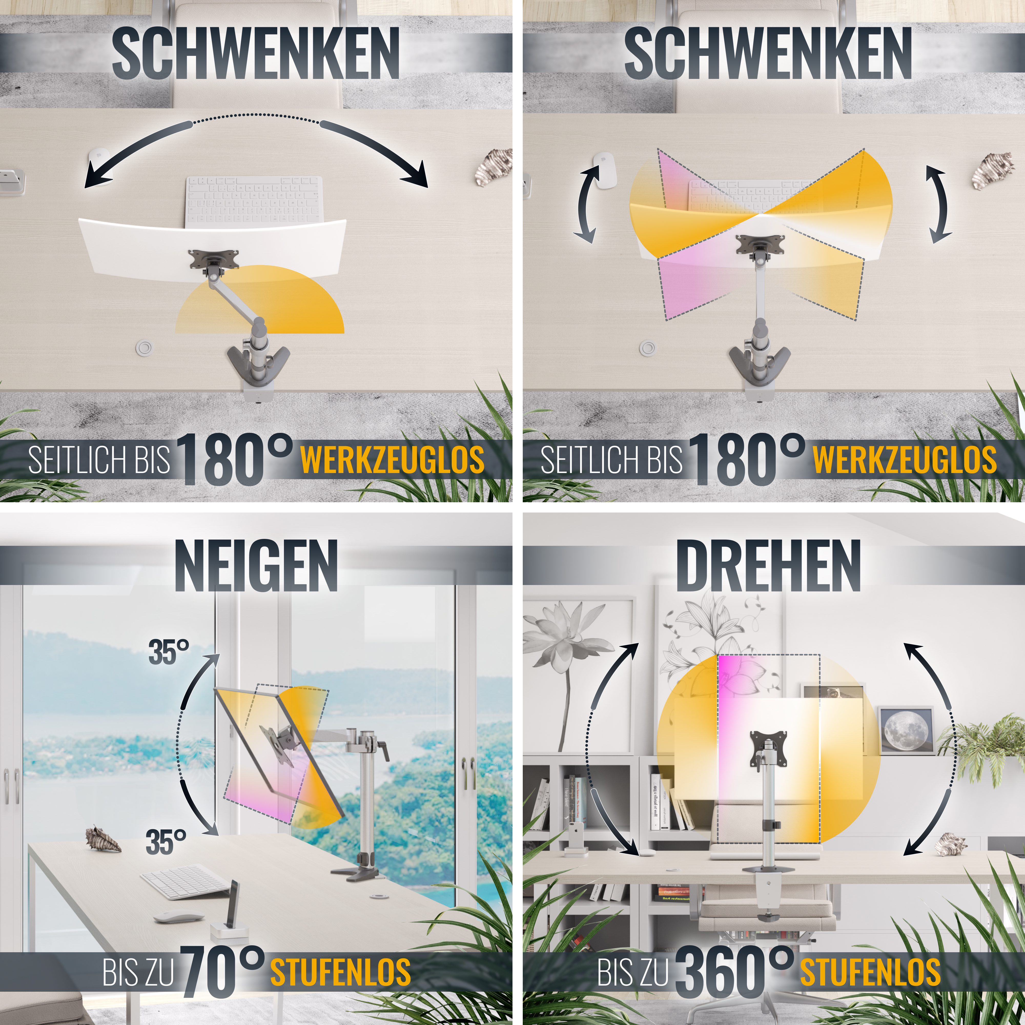 Vier Bilder, die Monitorarme in Gebrauch zeigen. Arme werden gezeigt, die sich neigen, drehen und schwenken.