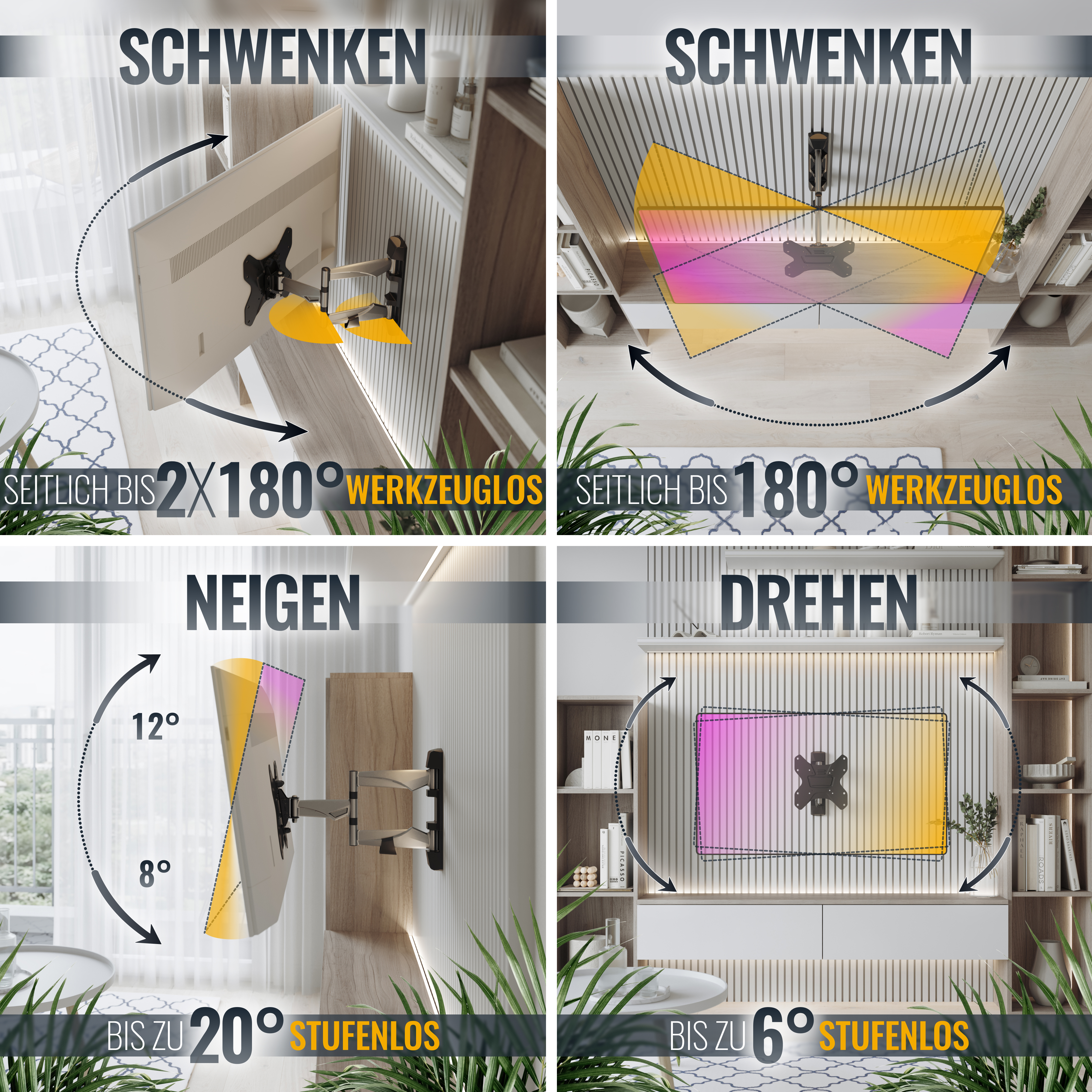 Diagramme, die TV-Halterungsfunktionen wie Schwenken, Neigen und Drehen zeigen.