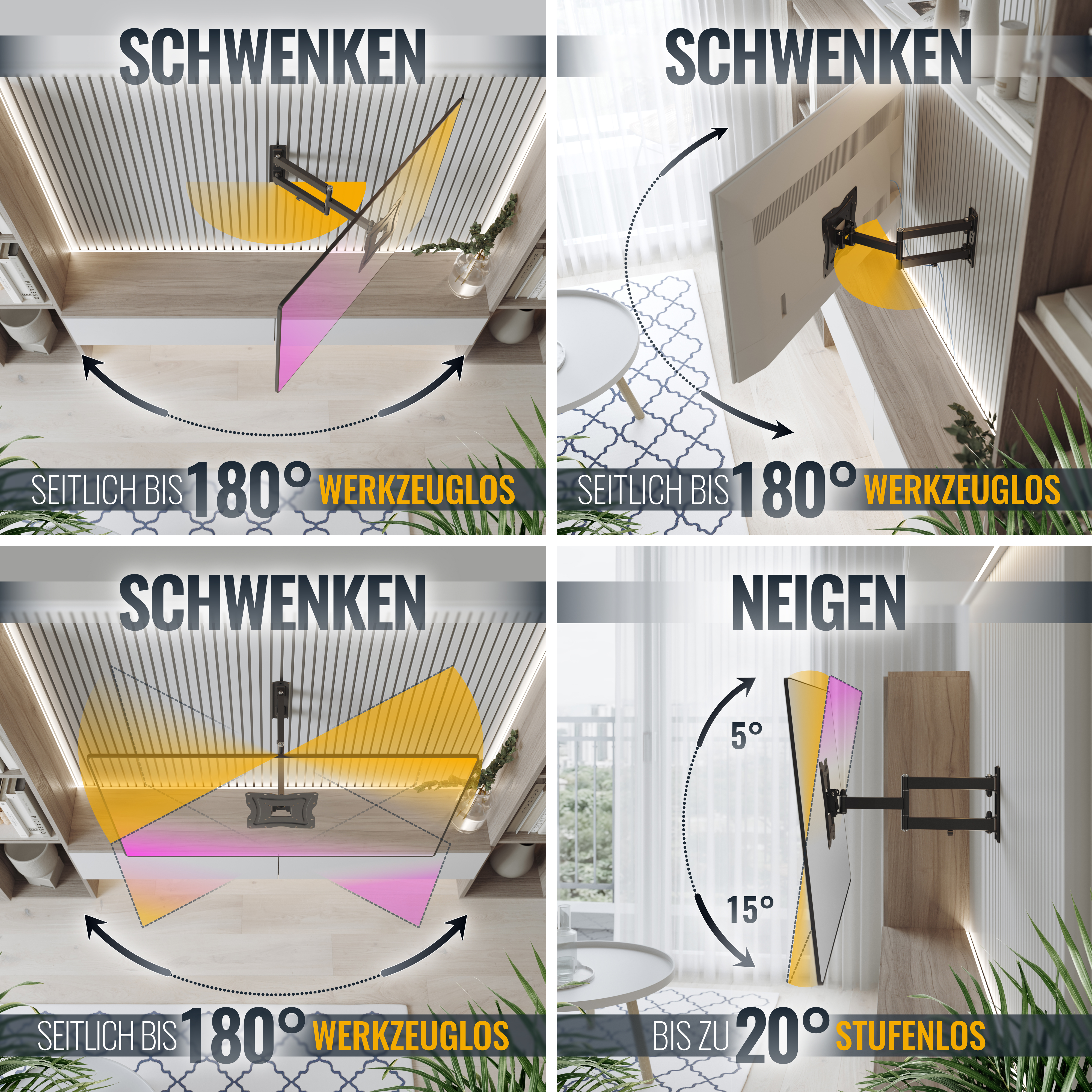 Vier Bilder, die eine TV-Halterung mit Schwenk- und Neigeoptionen mit Diagrammen und Messungen zeigen.