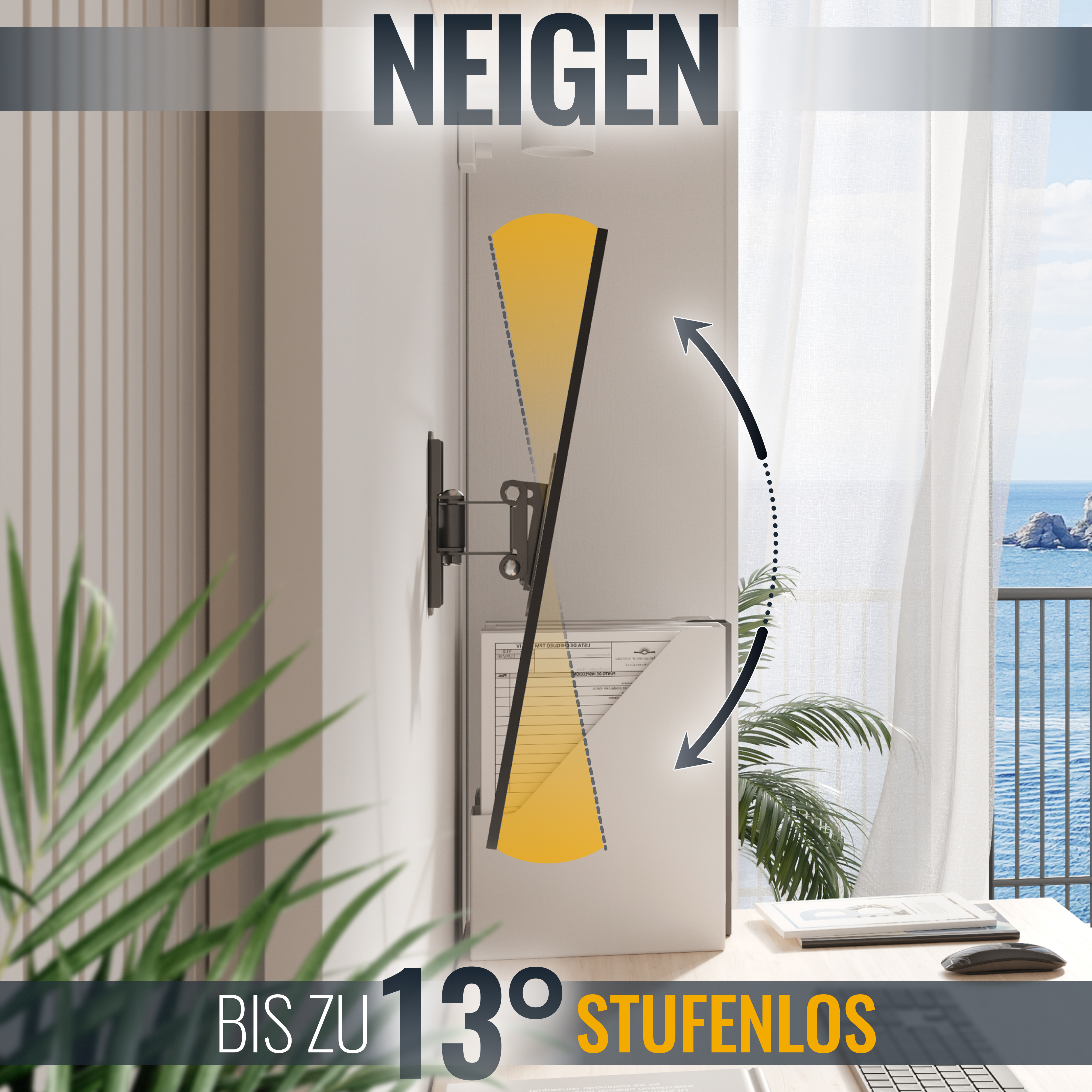 Eine TV-Halterung an einer Wand mit Kippfunktion. Der Hintergrund zeigt ein Fenster mit Meerblick.