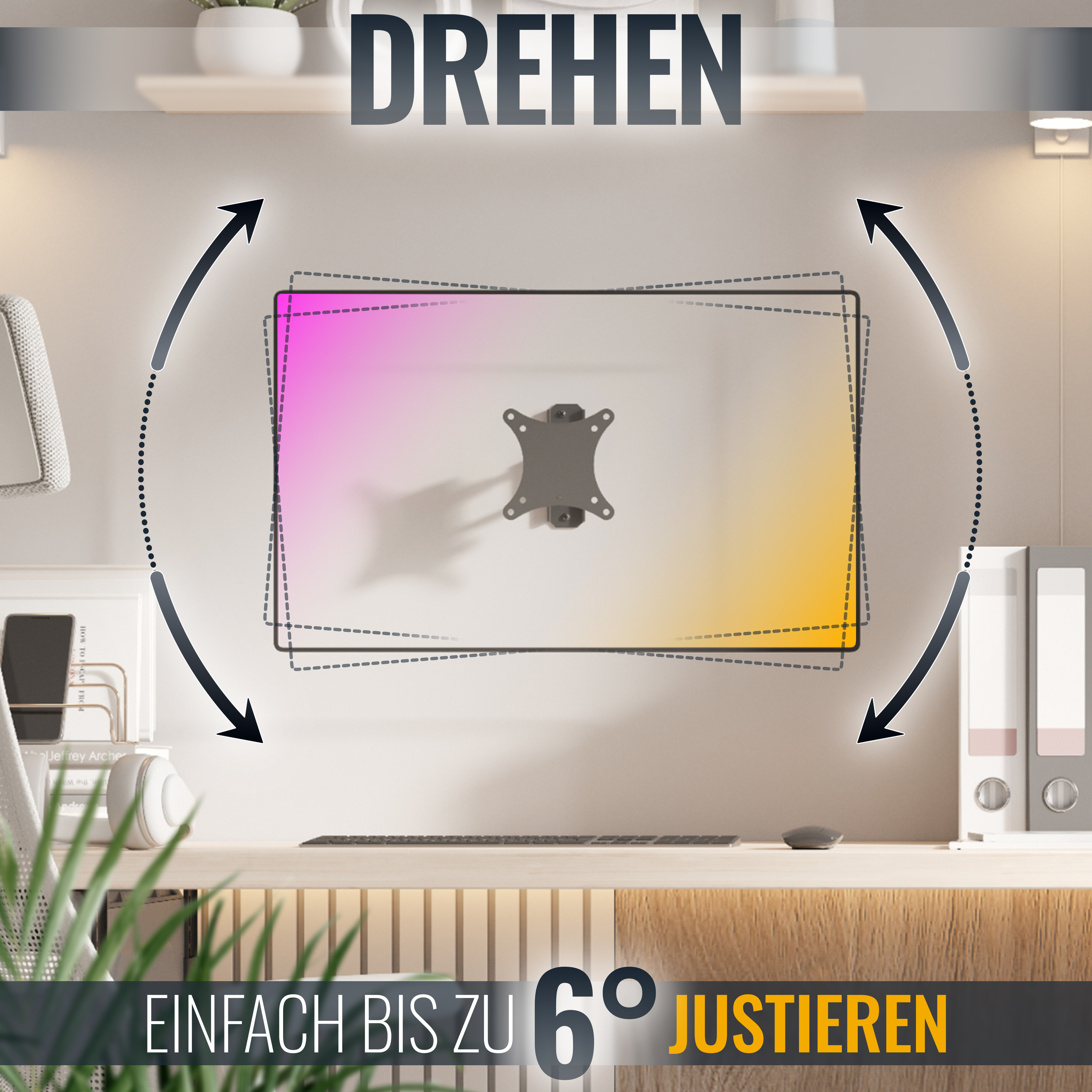 Ein Fernseher an einer Wand mit Pfeilen, die eine einstellbare Drehung anzeigen.