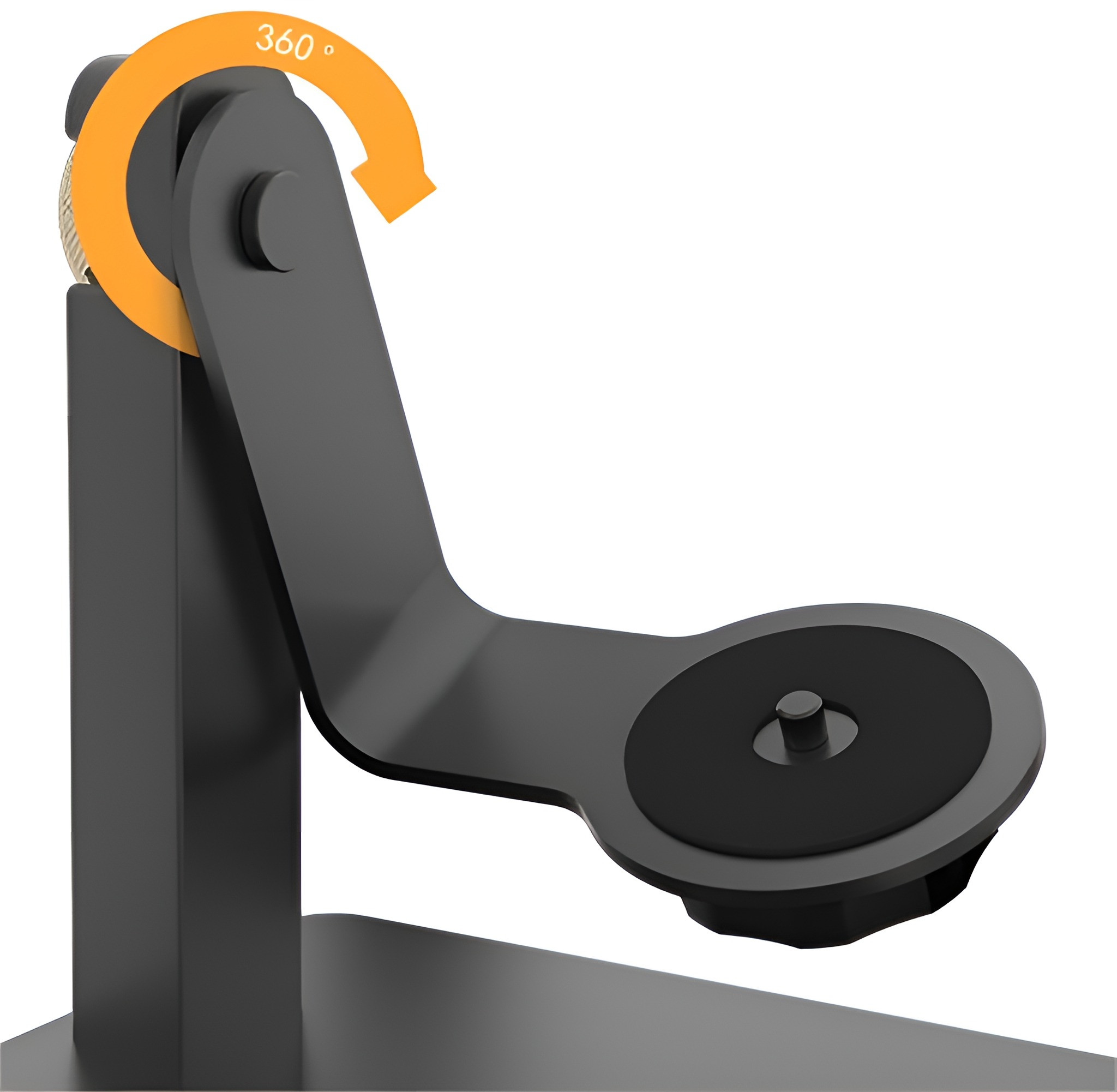 Eine schwarze Kamerahalterung mit einem 360-Grad-Drehpfeil. Sie hat einen Sockel und eine kreisförmige Plattform.