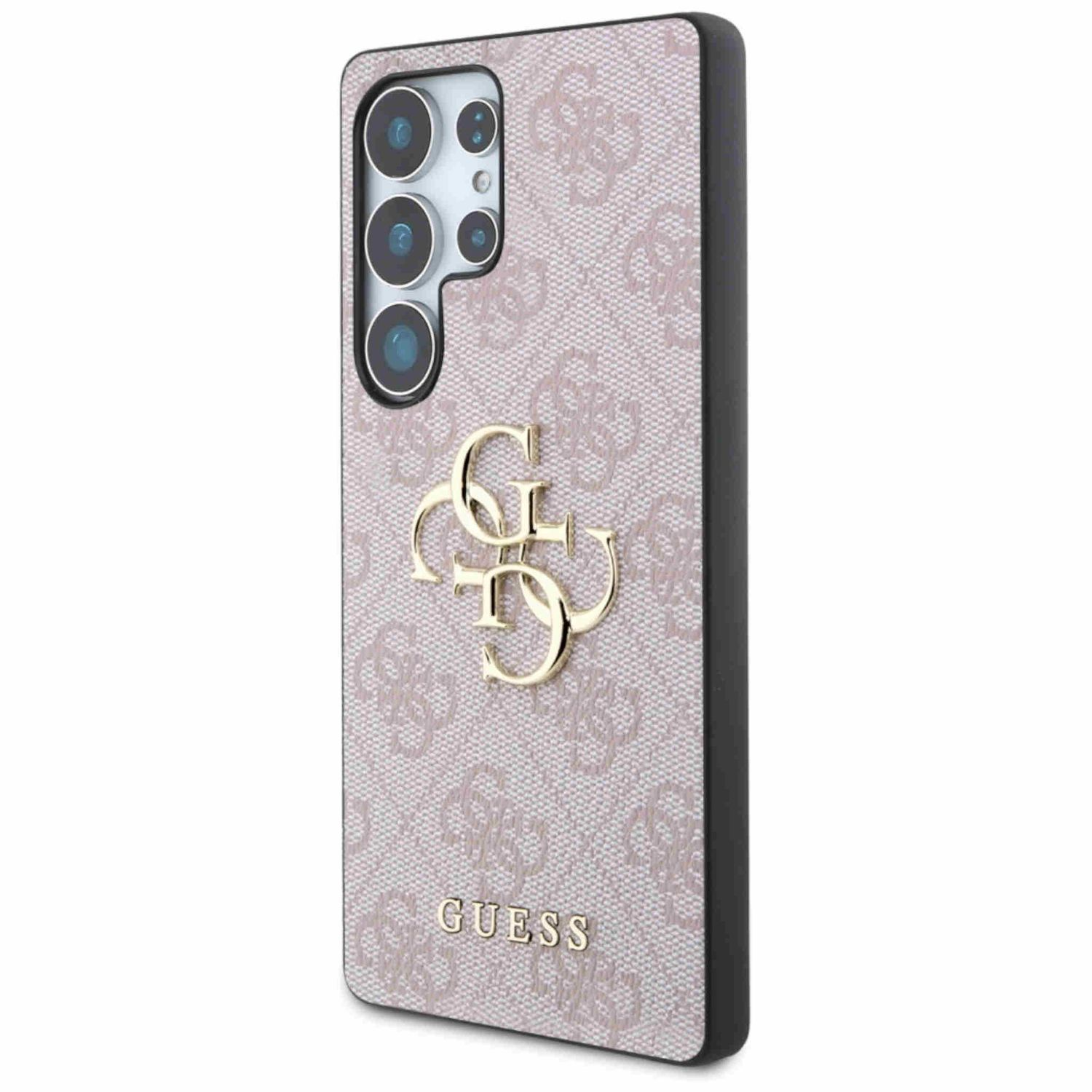 Una custodia per telefono Guess rosa con logo dorato. Su sfondo bianco.