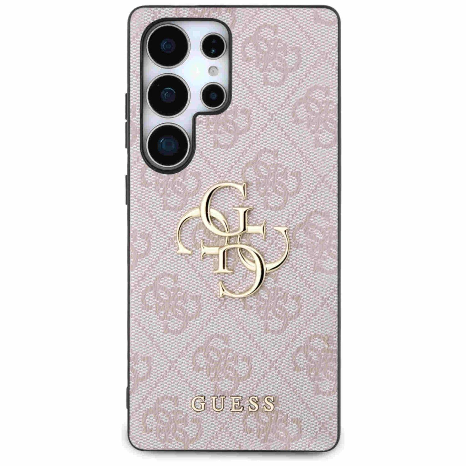 Una custodia per telefono beige con un motivo ripetuto e un logo dorato 'GUESS' al centro.