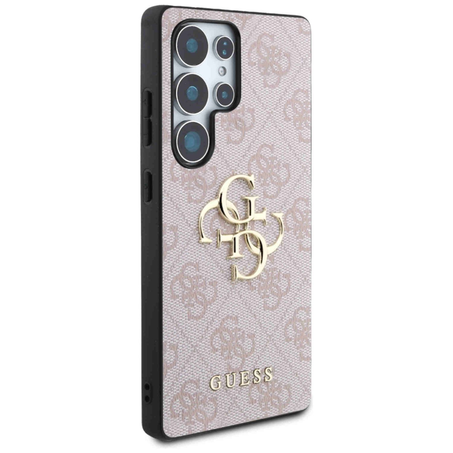 Una custodia per telefono Guess con motivo rosa e logo dorato. La custodia è su un telefono.