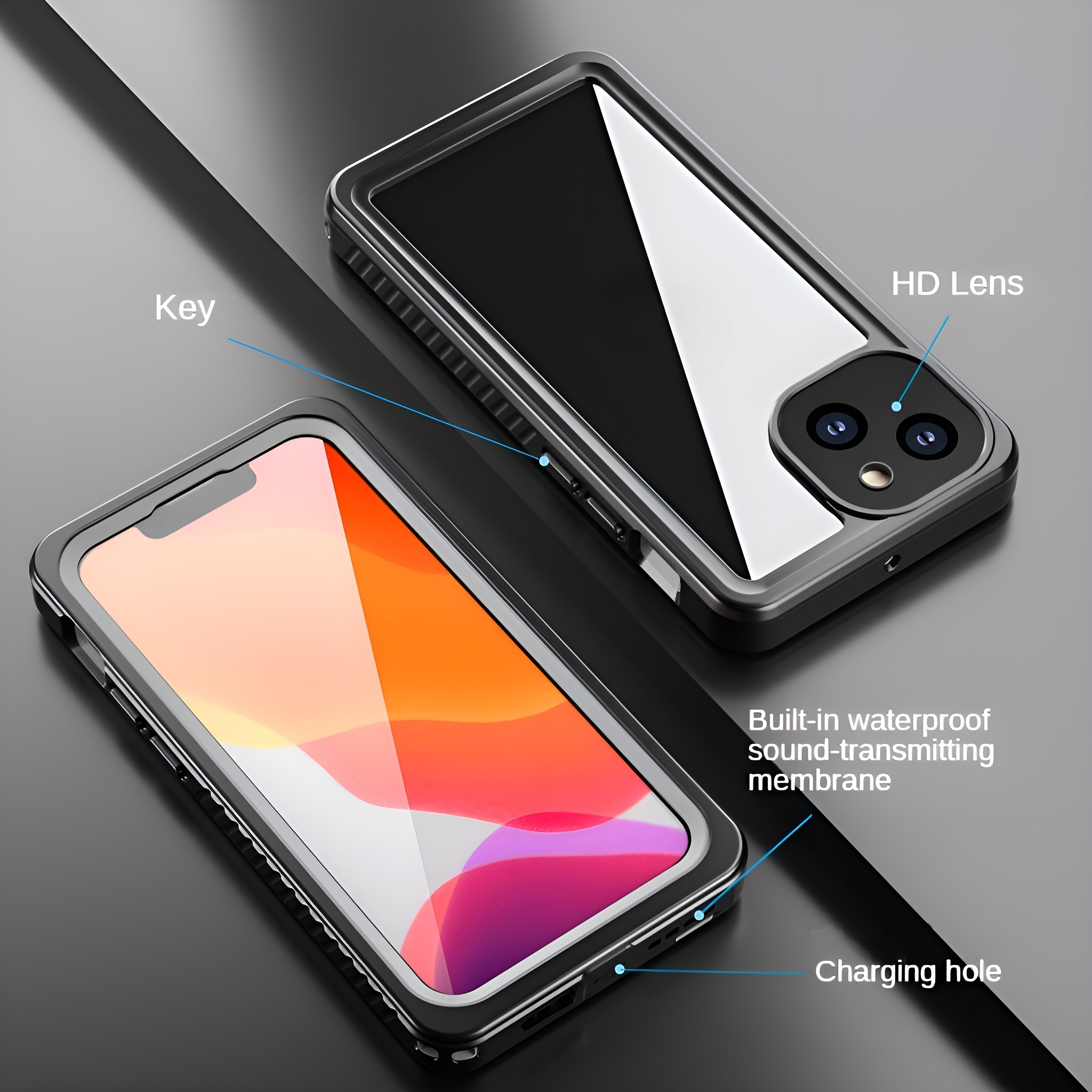 Zwei Telefone in schwarzen Hüllen. Funktionen werden gezeigt, einschließlich HD-Objektiv, Ladeloch und wasserdichte Membran.