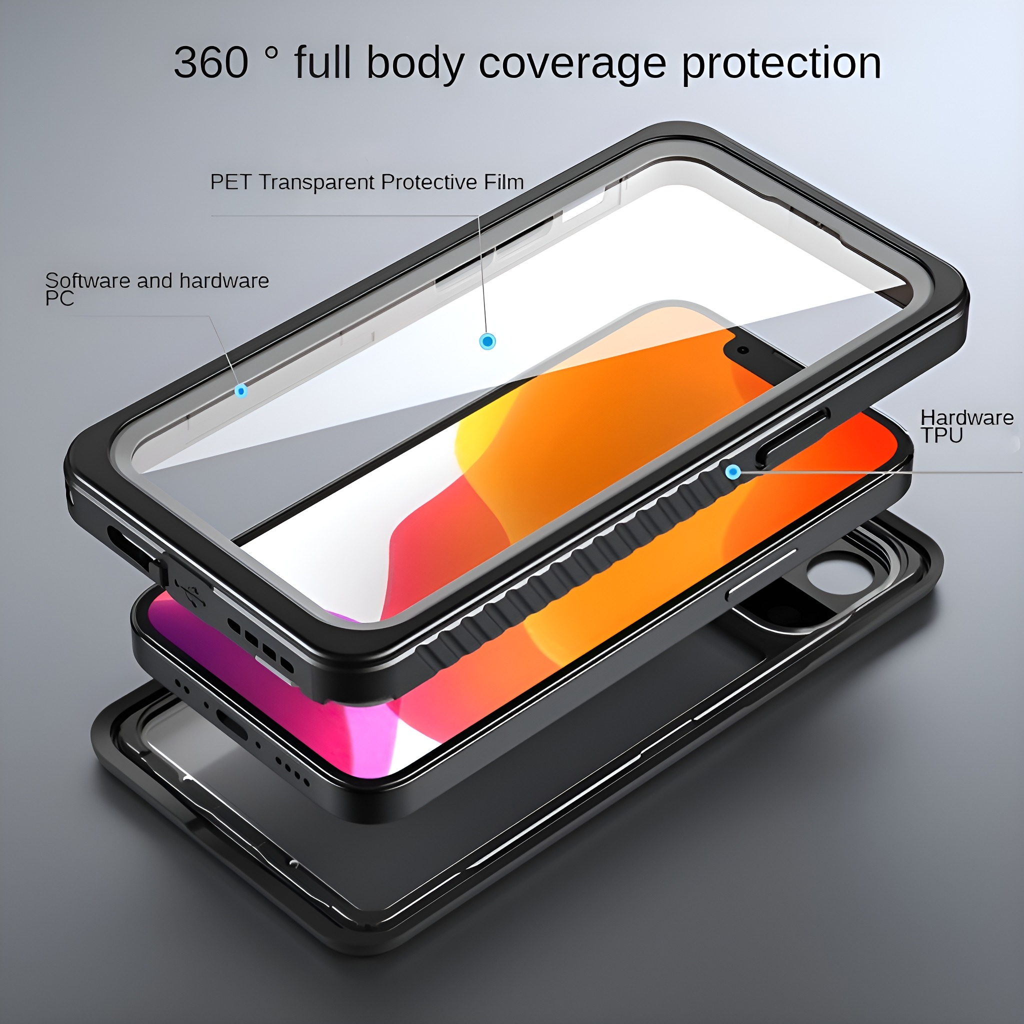 Handyhüllen-Schichten: transparente Abdeckung, Telefon und schwarzer Rahmen.