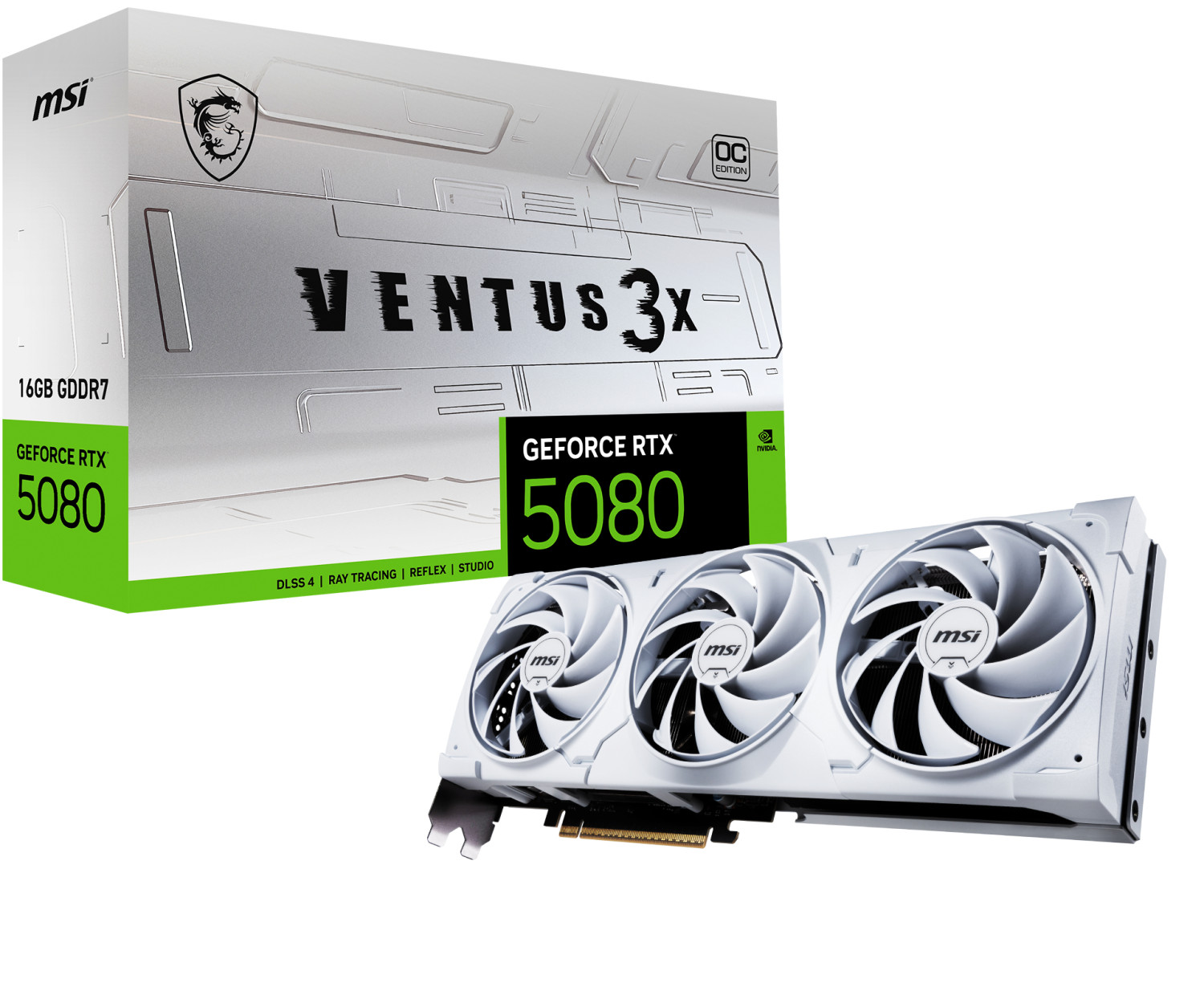 A box of MSI Ventus 3X GeForce RTX 5080 GPU, with the GPU itself shown next to it.