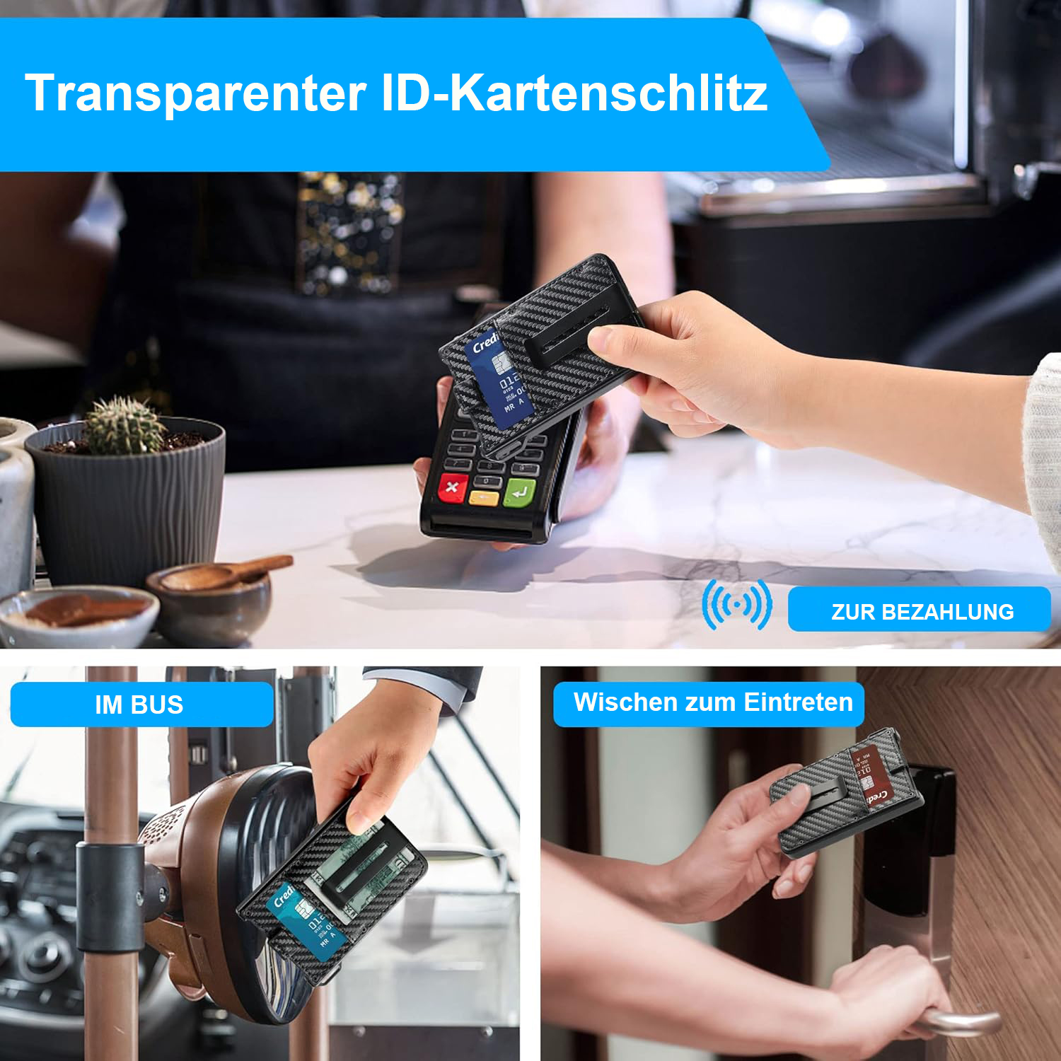 Personen, die Kartenhalter zum Bezahlen verwenden. Bilder zeigen die Verwendung des Kartenhalters an verschiedenen Orten.
