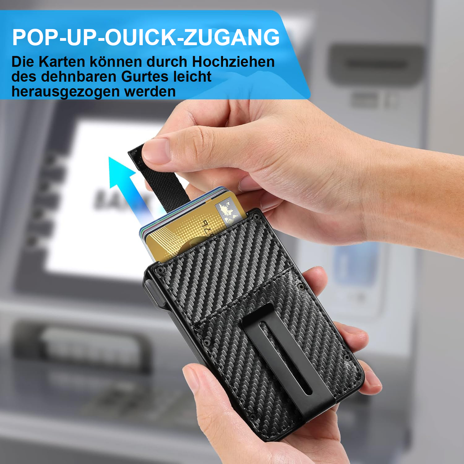 Hand zieht Karten aus einem Carbonfaser-Portemonnaie. Text weist auf einfachen Zugriff hin.