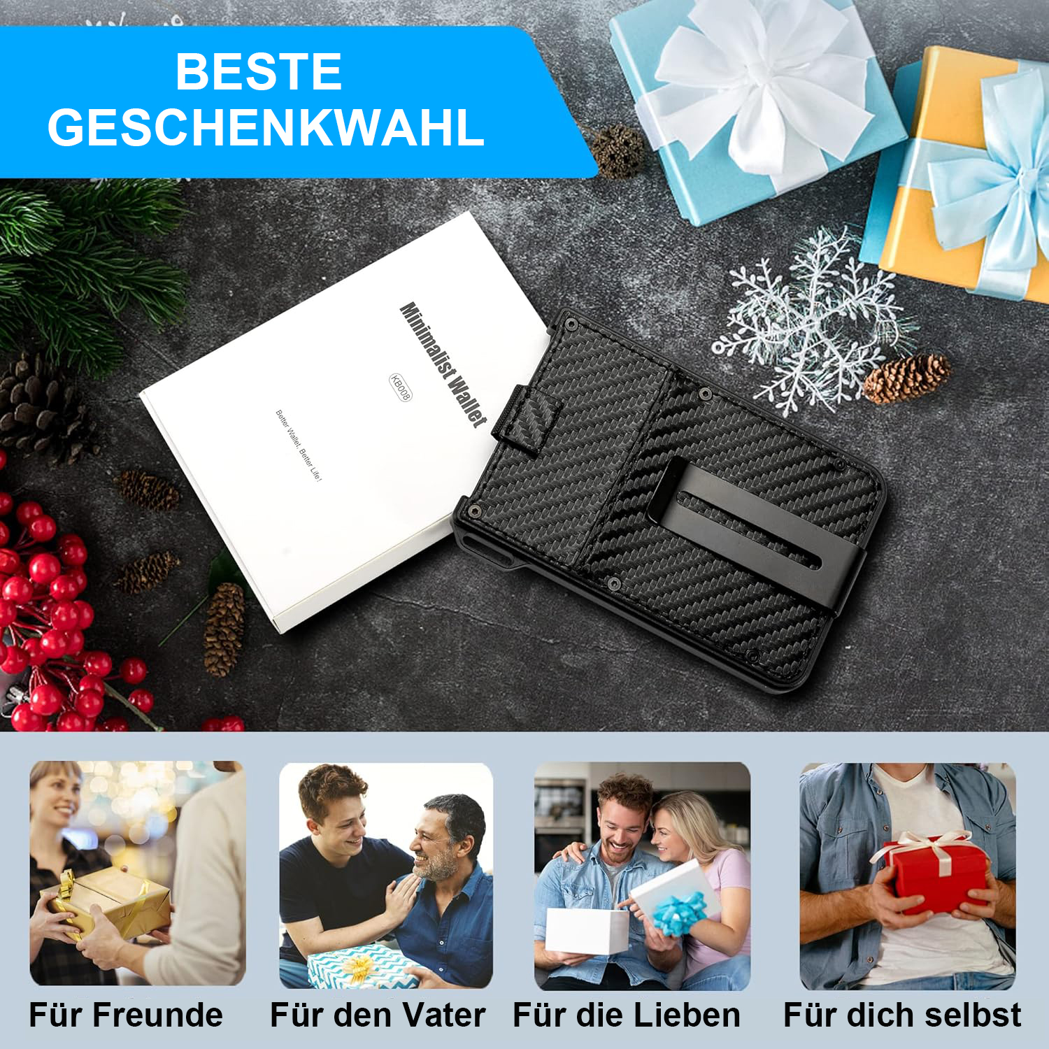 Eine Brieftasche mit schwarzem Carbonfaser-Design und eine weiße Box mit Text, umgeben von Geschenken und Personen.