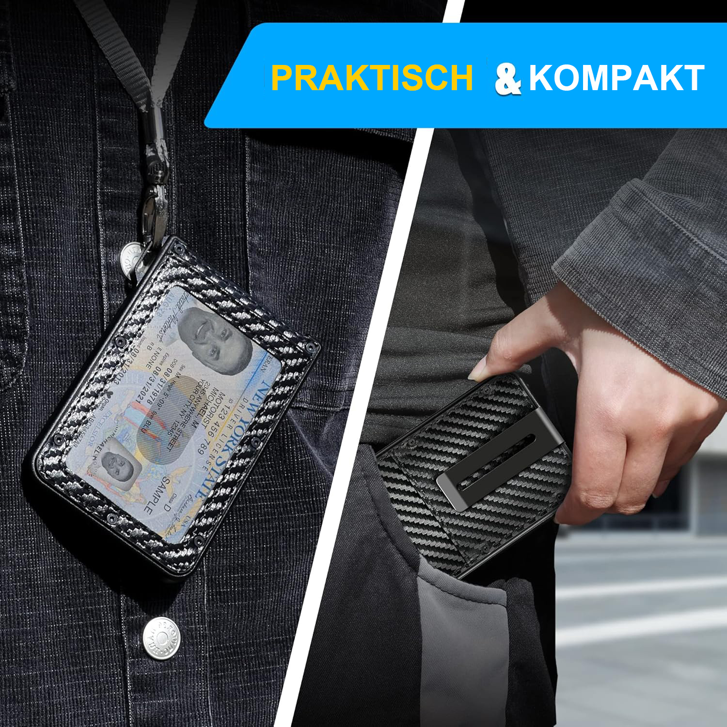Ein Mann hält eine Brieftasche mit Ausweis und Kartenhalter in der Tasche.