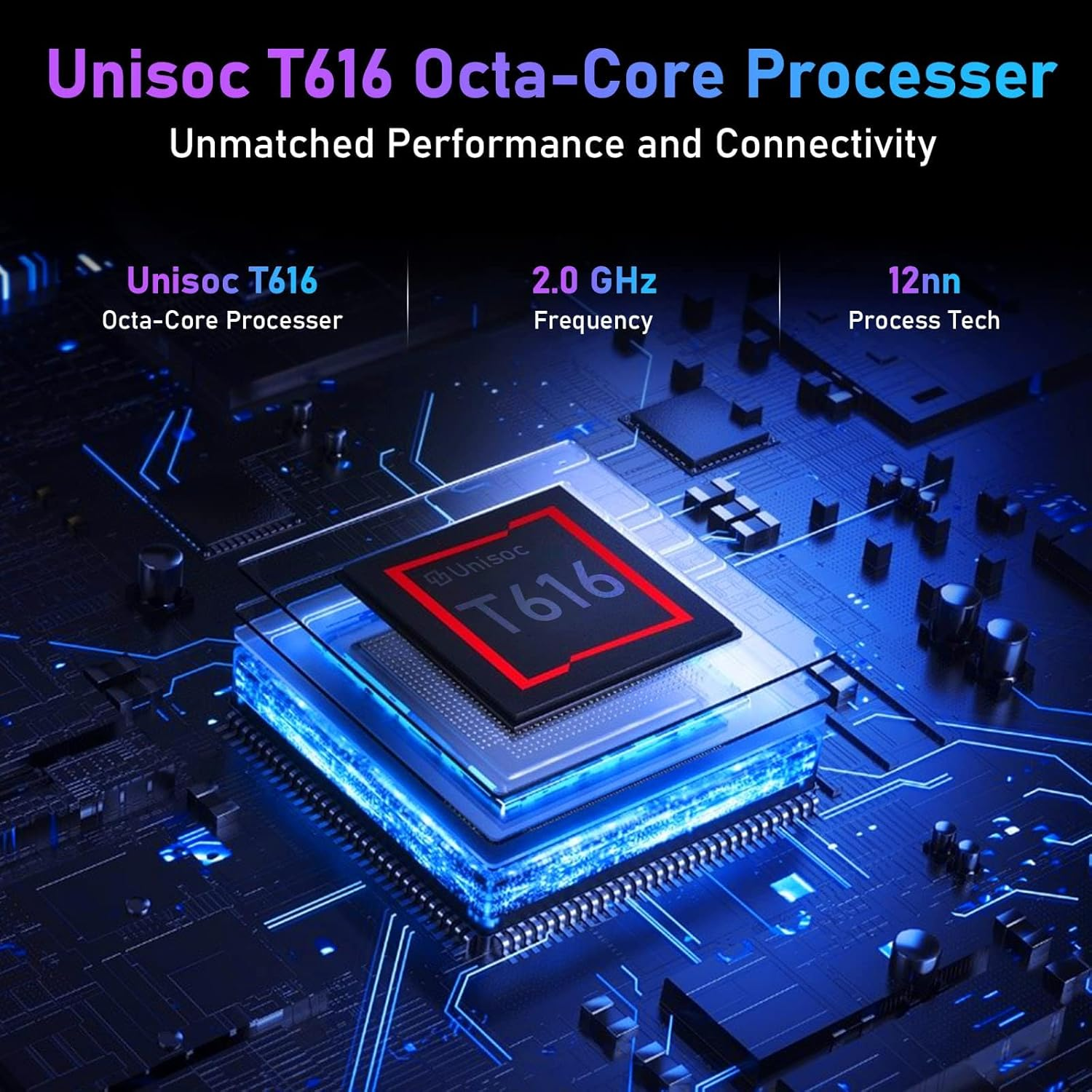 Procesador de computadora azul y negro con texto. Texto: Unisoc T616 Octa-Core Processer, Rendimiento incomparable.