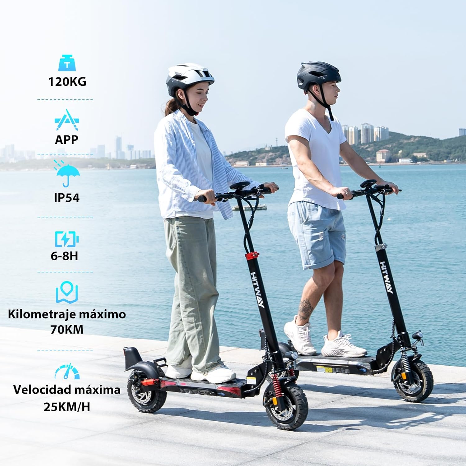 Dos personas montando patinetes eléctricos HITWAY cerca del agua, con iconos y texto.