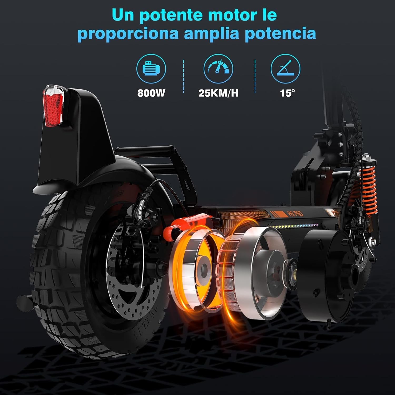Un scooter eléctrico, que muestra los componentes del motor y los detalles de velocidad/potencia.