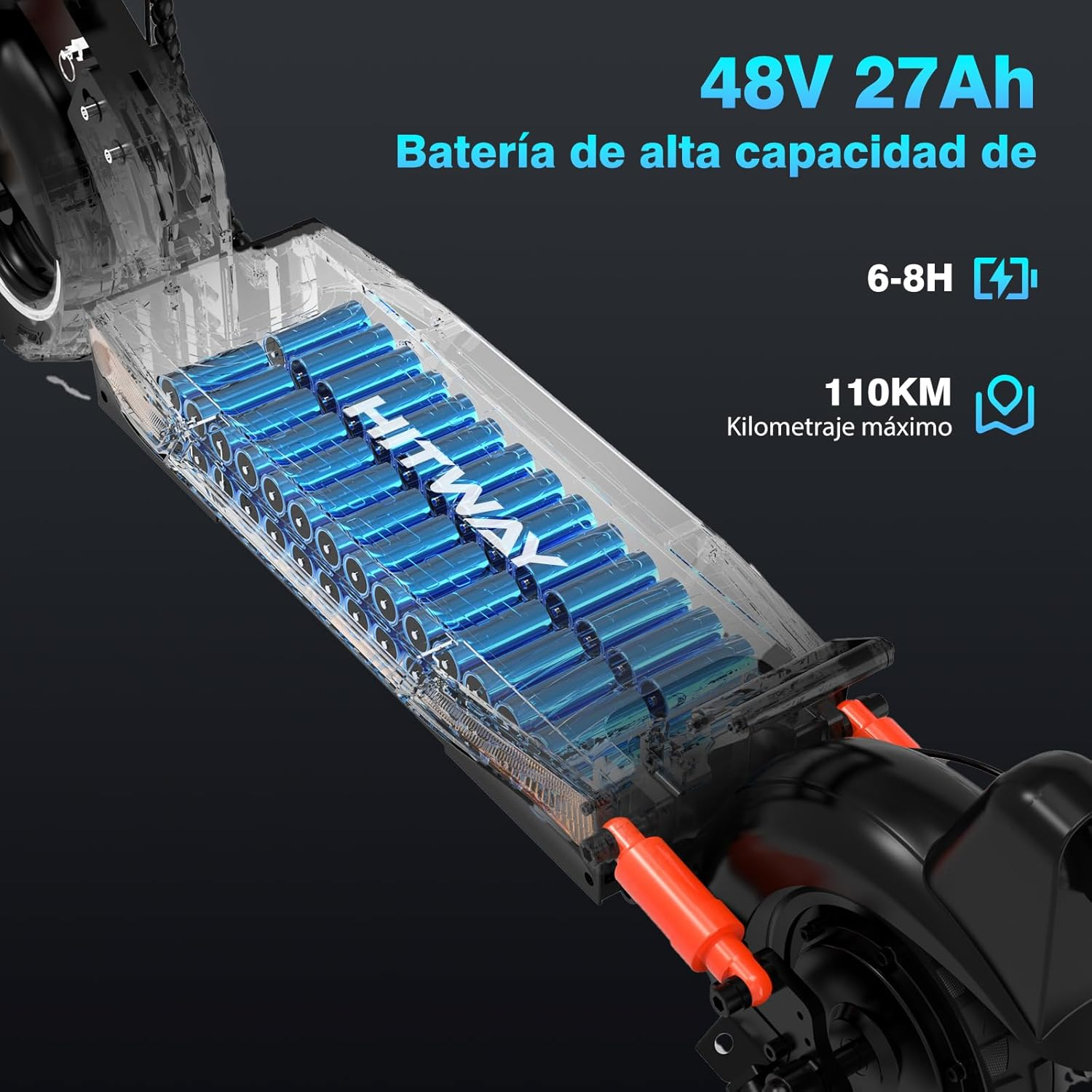 Un paquete de baterías transparente para scooter con baterías azules y texto.