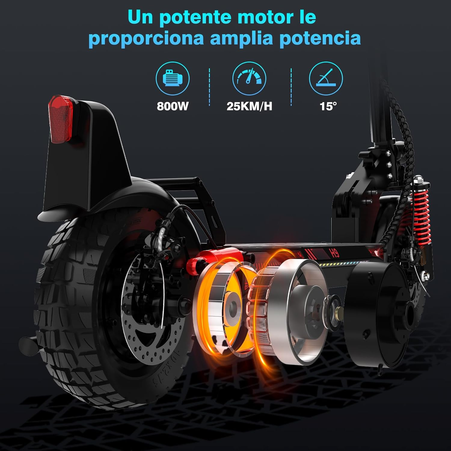 Scooter eléctrico negro con componentes internos visibles e indicadores de velocidad/potencia.