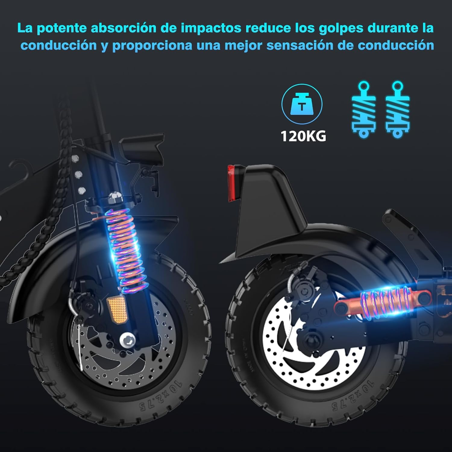 Rueda negra de scooter con detalles de suspensión. Texto indica absorción de impacto y capacidad de 120KG.