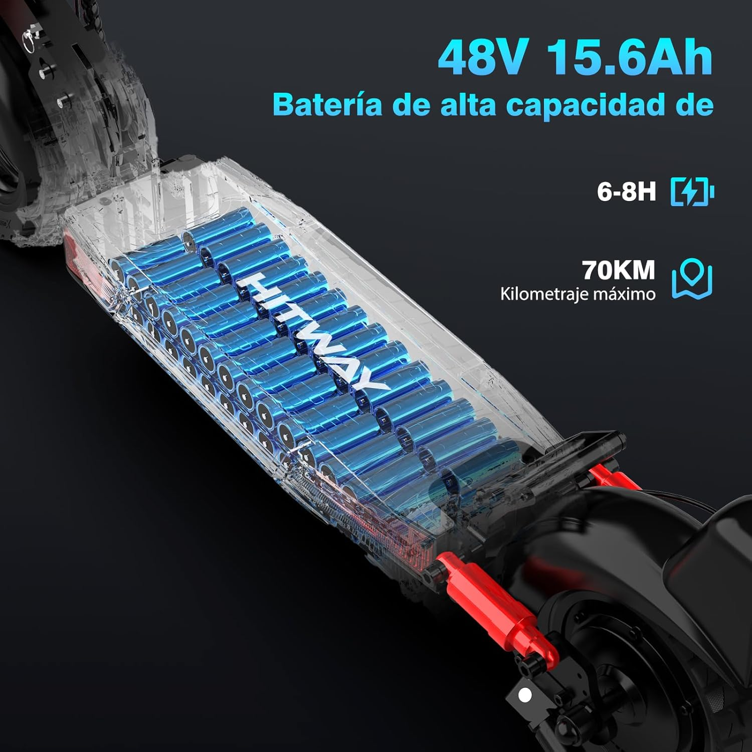 Primer plano de una batería con celdas azules. El texto indica 48V 15.6Ah y un máximo de 70KM.