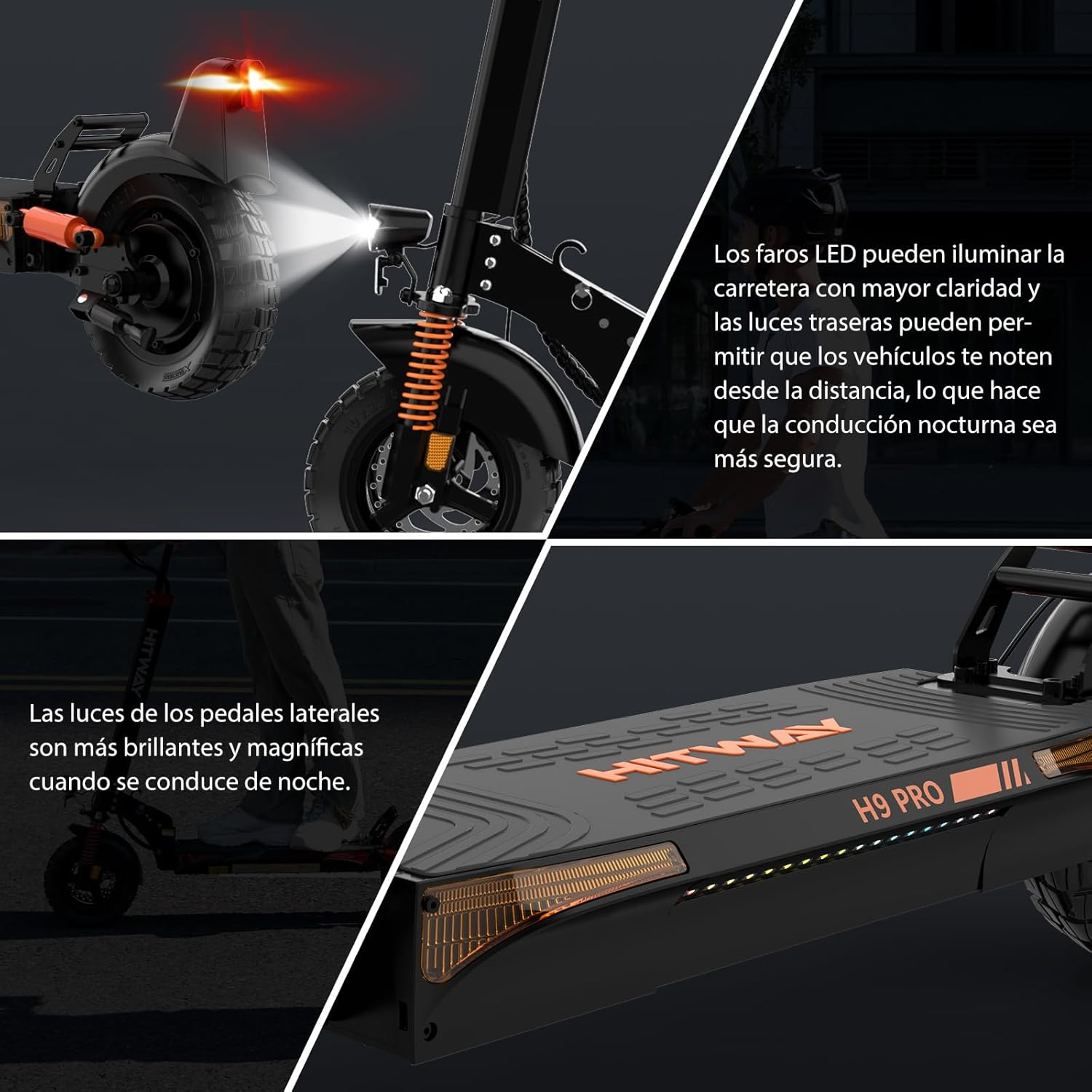 Patinete eléctrico con luces encendidas. El texto y las imágenes se centran en las características de seguridad y las luces.