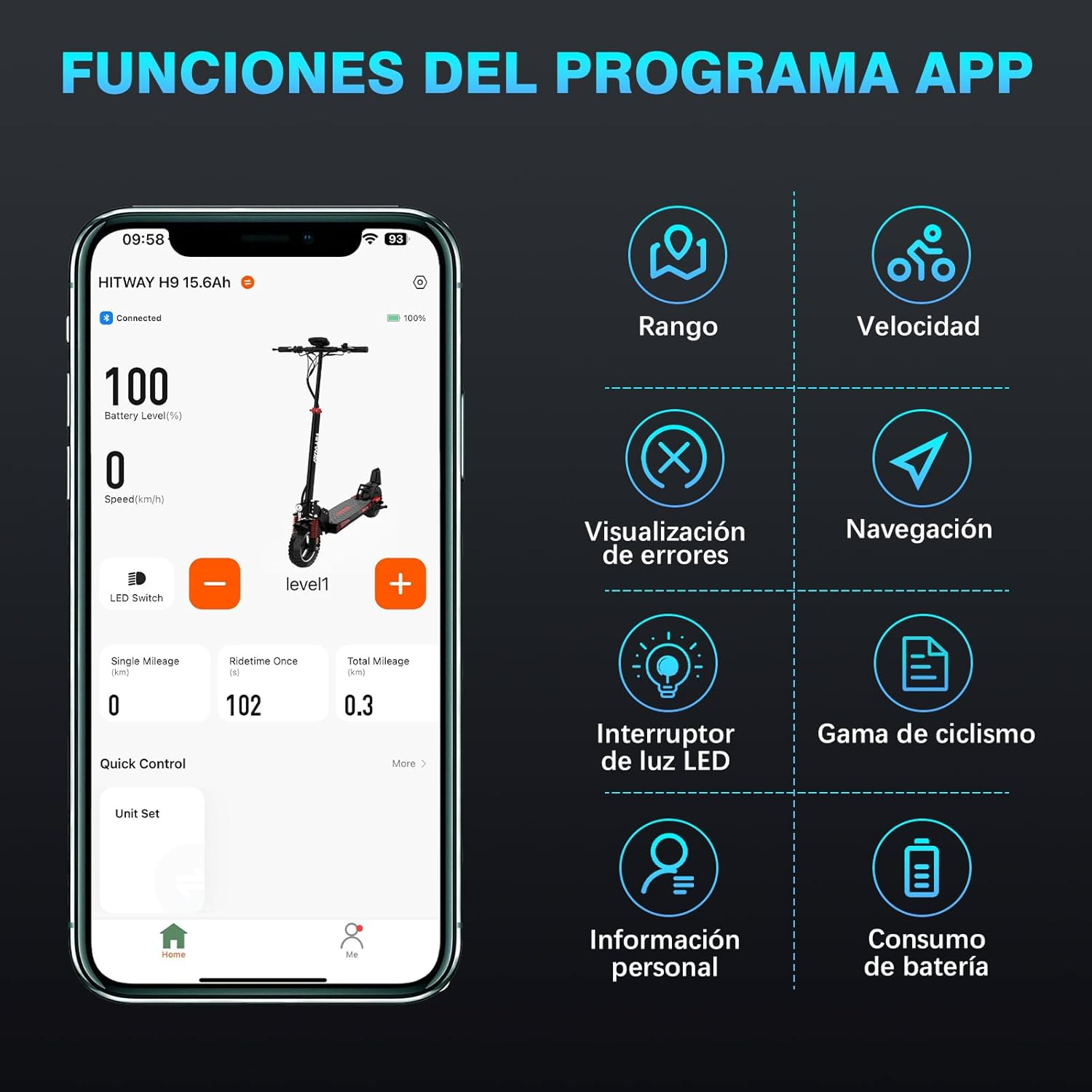 Interfaz de la aplicación en un smartphone con datos de scooter y opciones de control.