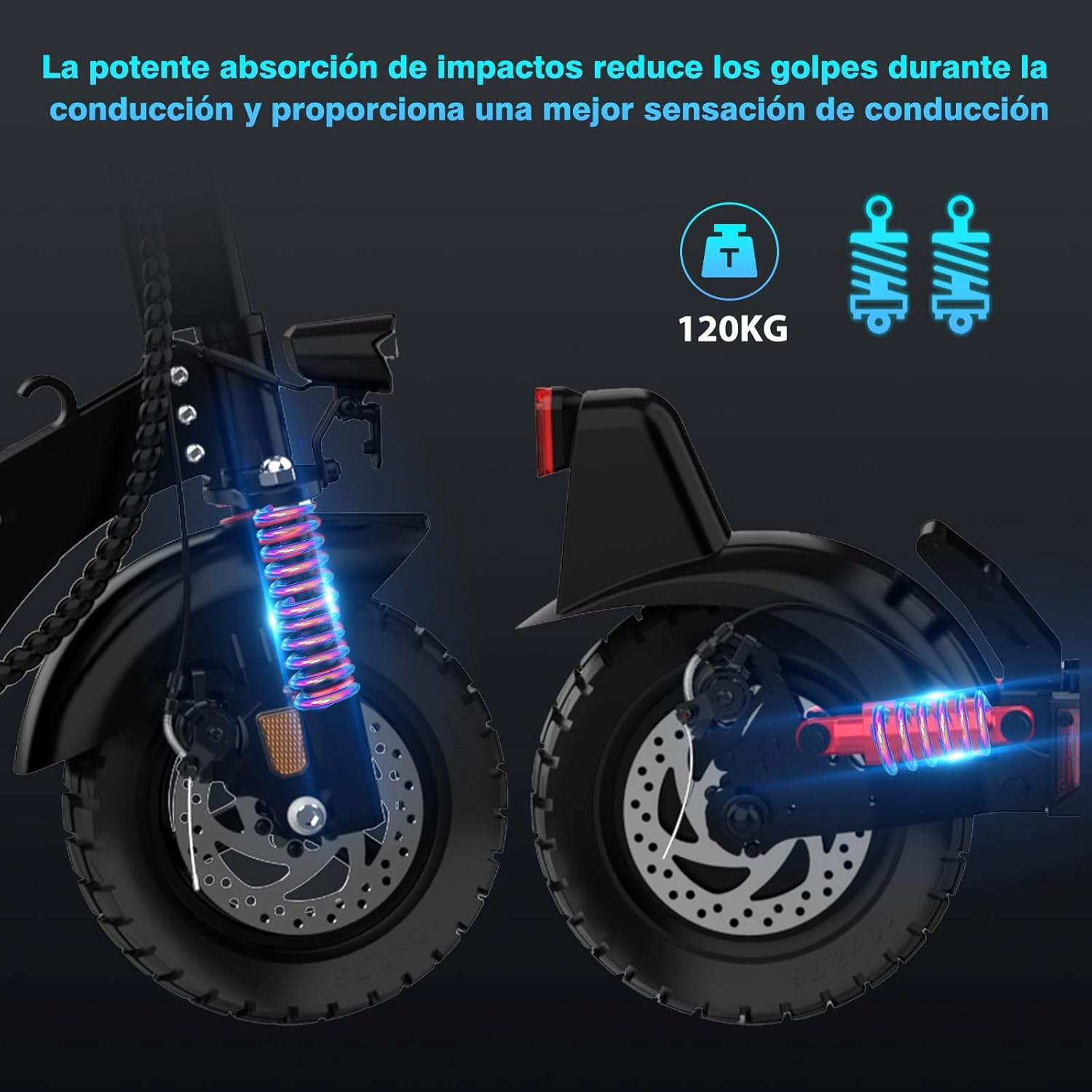Componentes de scooter negros y rojos. Muestra detalles de suspensión y ruedas, con superposición de texto.