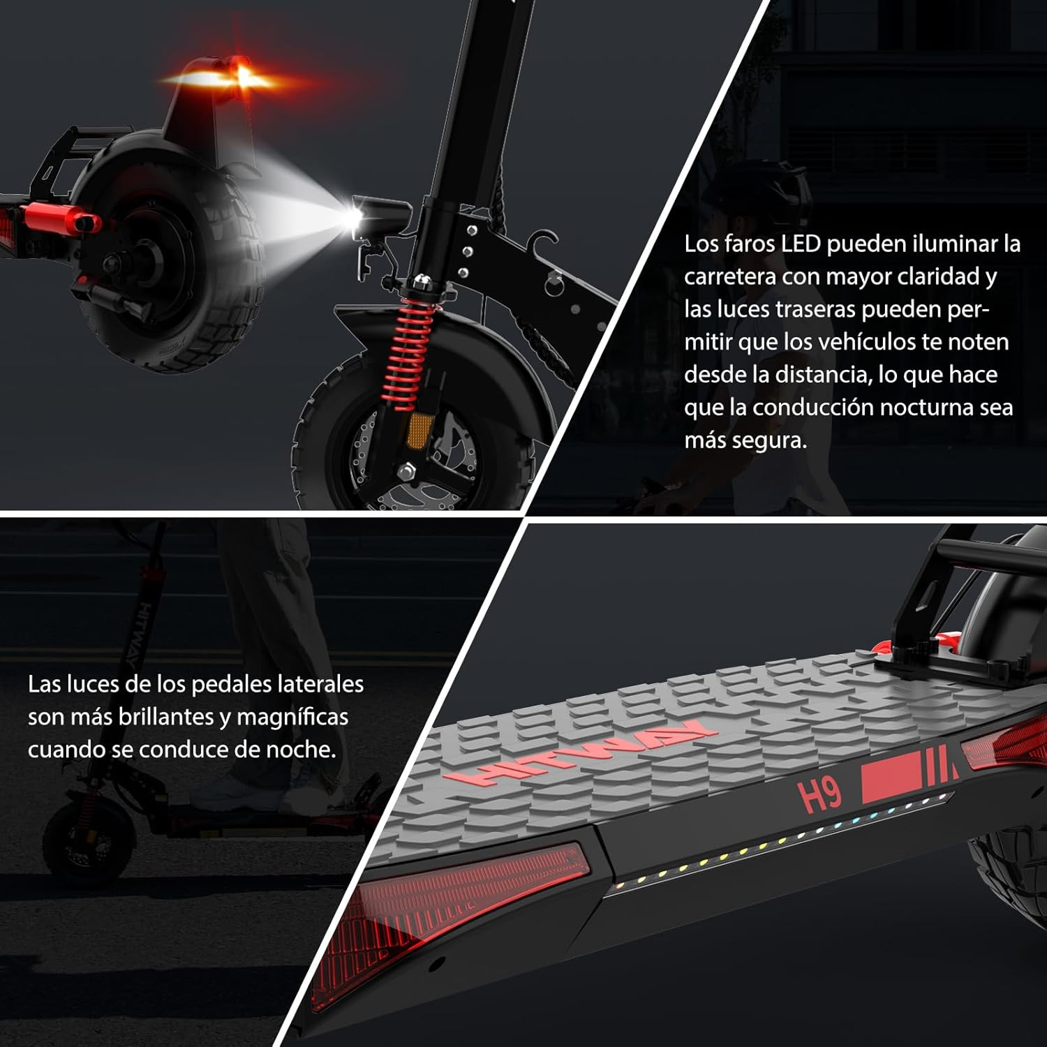 Patinete eléctrico con luces encendidas, que muestra la seguridad de conducción nocturna. Faros y luces traseras encendidas. Los pedales tienen luces.
