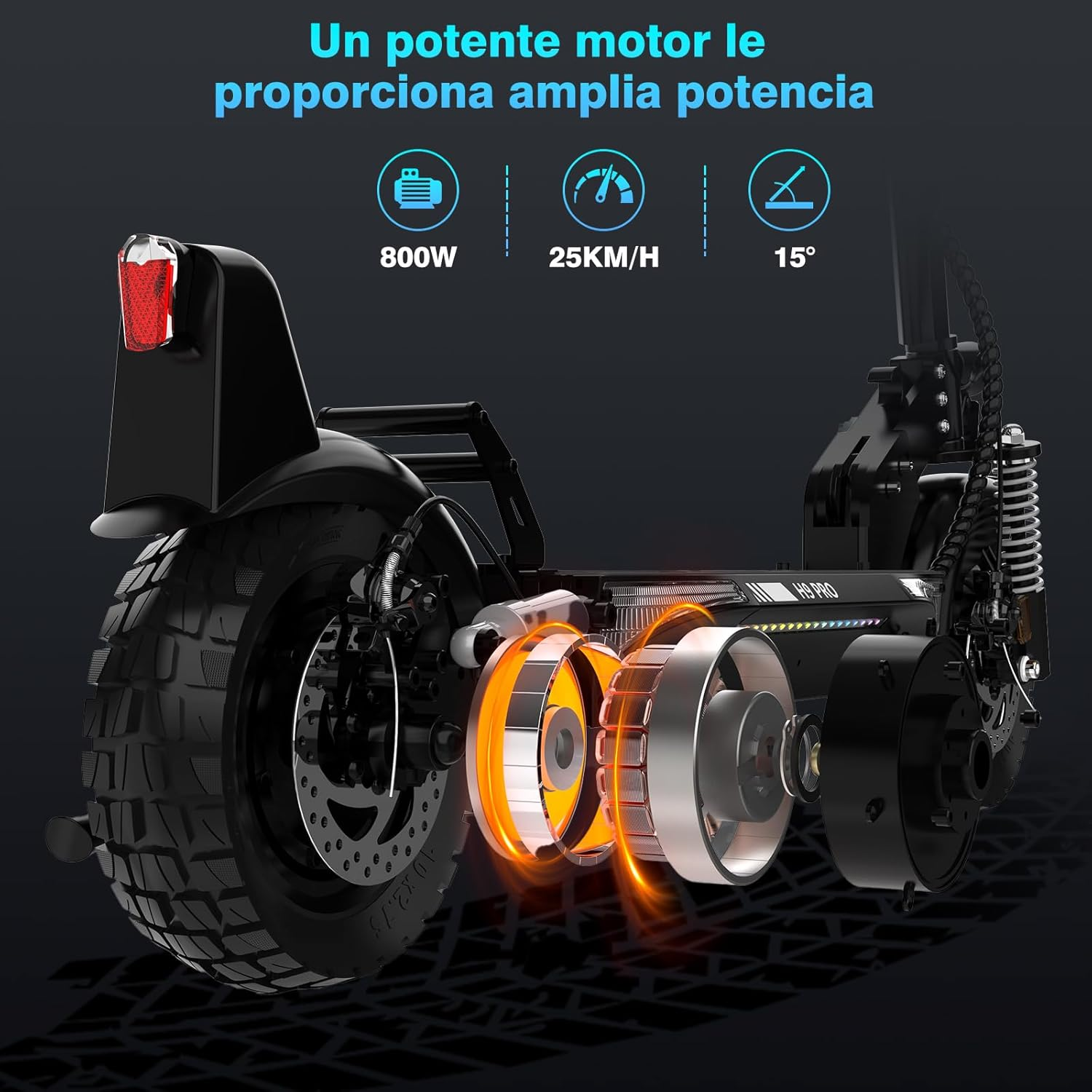 Scooter eléctrico negro con info: 800W, 25KM/H, 15°.