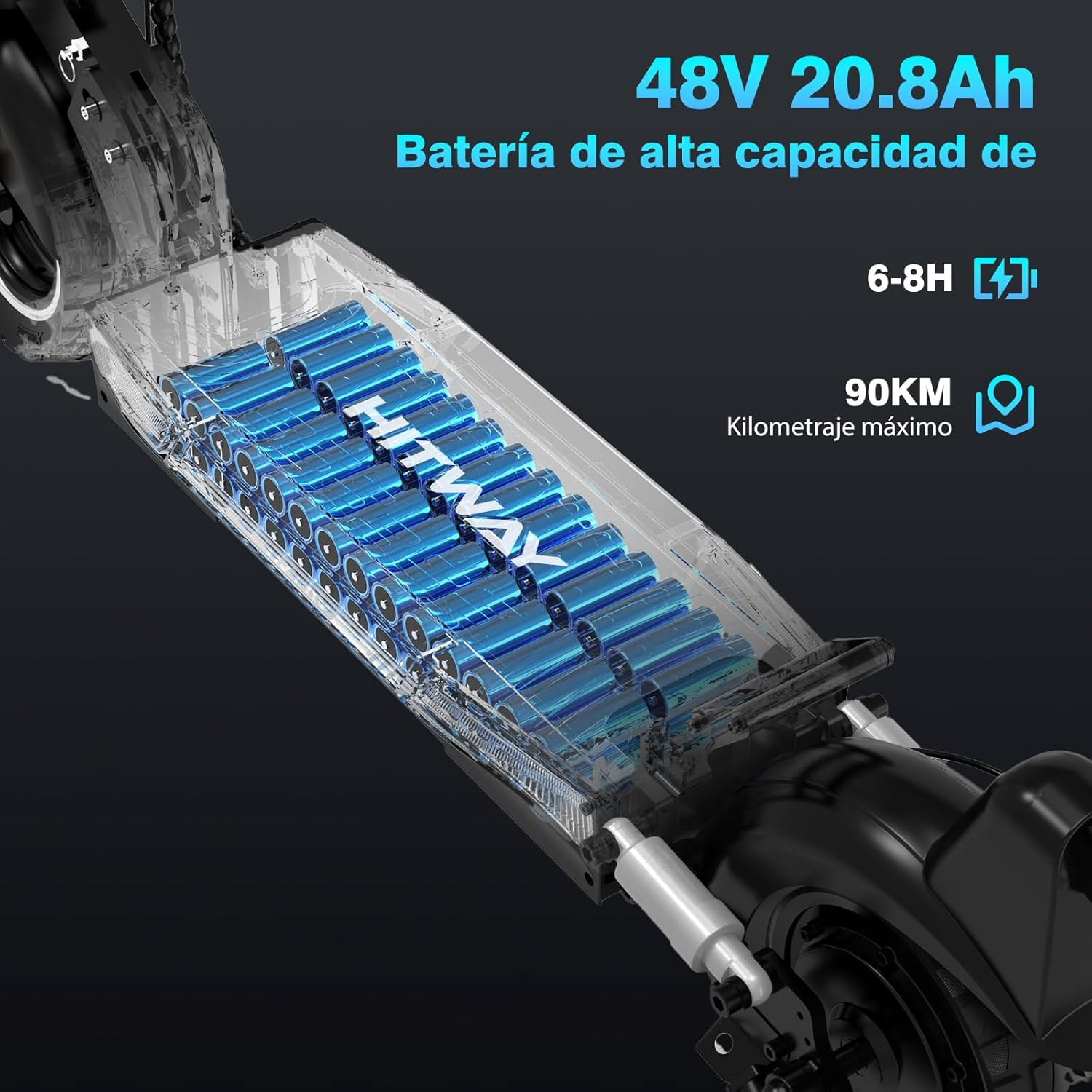 Batería de patinete eléctrico. Muestra las celdas y especificaciones: 48V 20.8Ah.