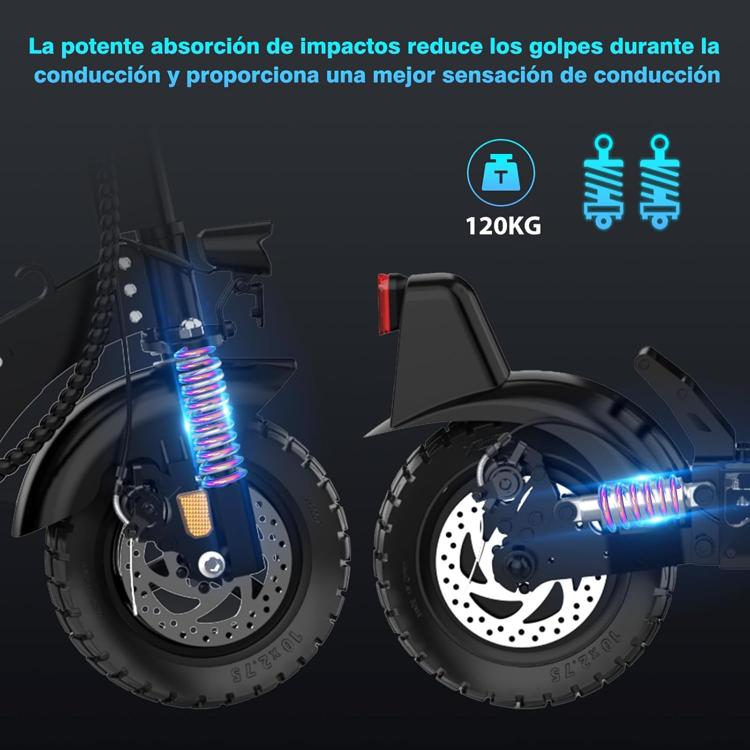 Patinete eléctrico con amortiguadores y texto en español.