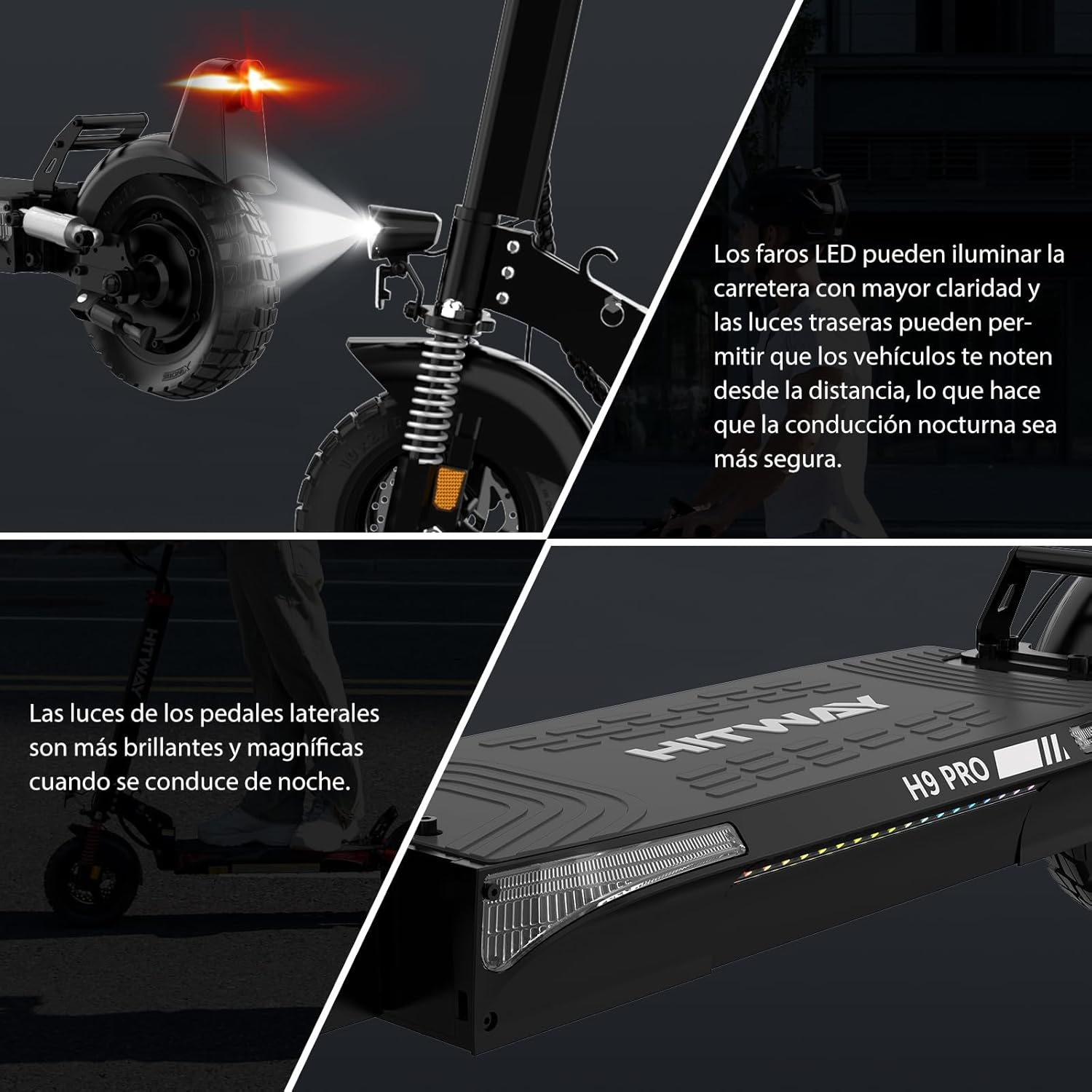 Primer plano de un patinete eléctrico negro con luces y texto sobre sus características.