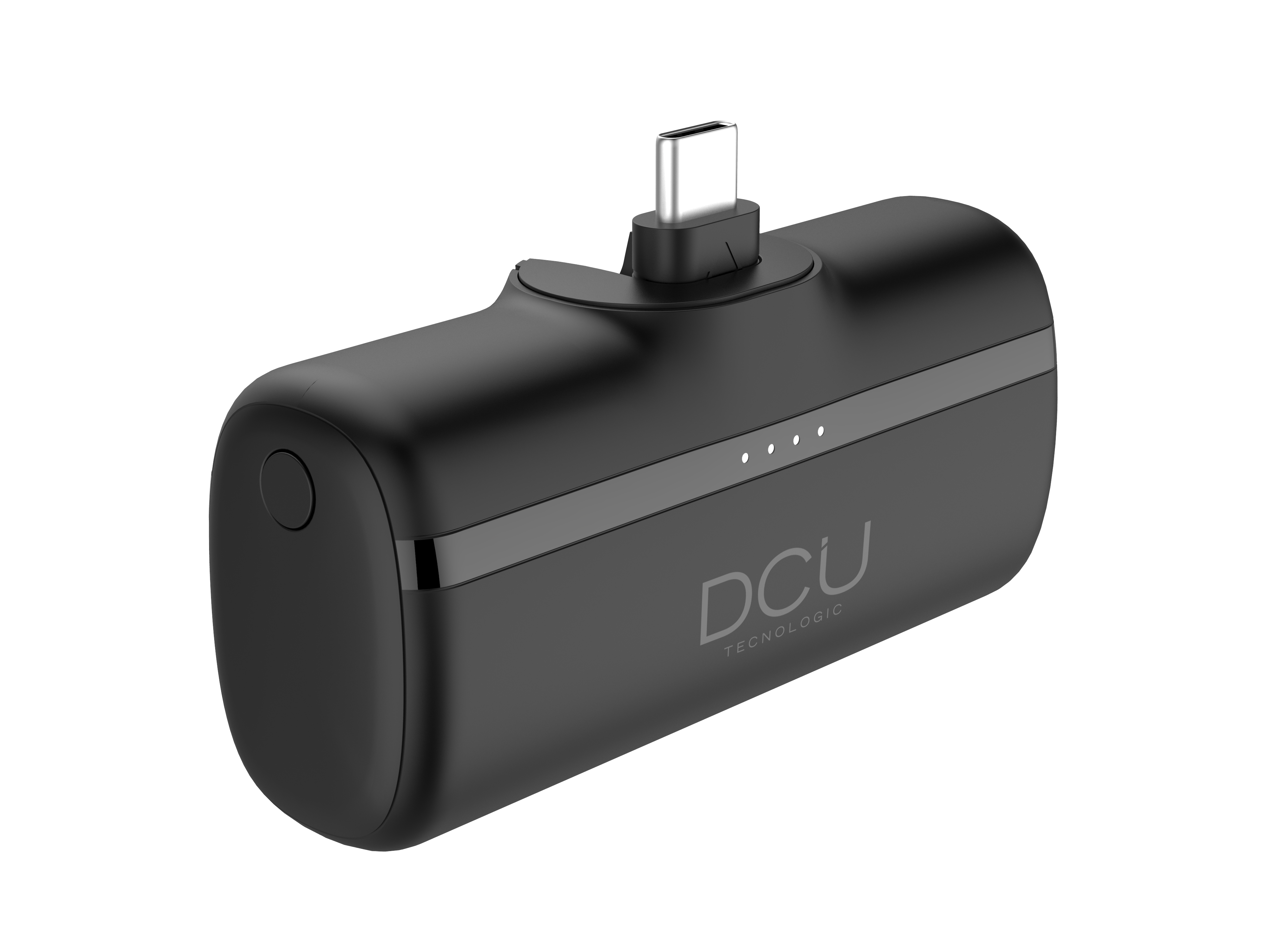 Banco de energía negro y cilíndrico con puerto USB-C, logotipo DCU y cuatro luces indicadoras.