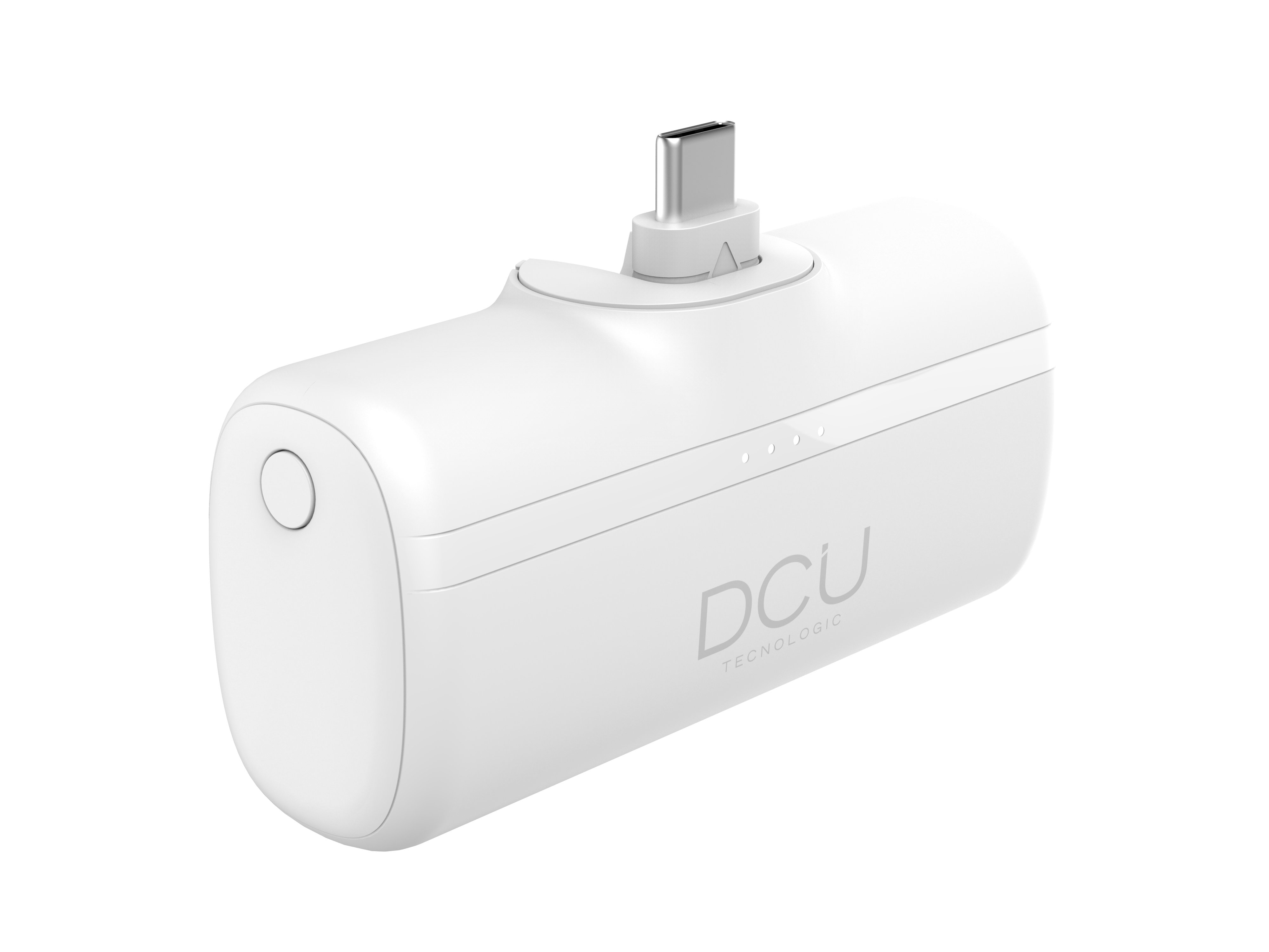 Banco de energía blanco con puerto USB-C y el logo: DCU.
