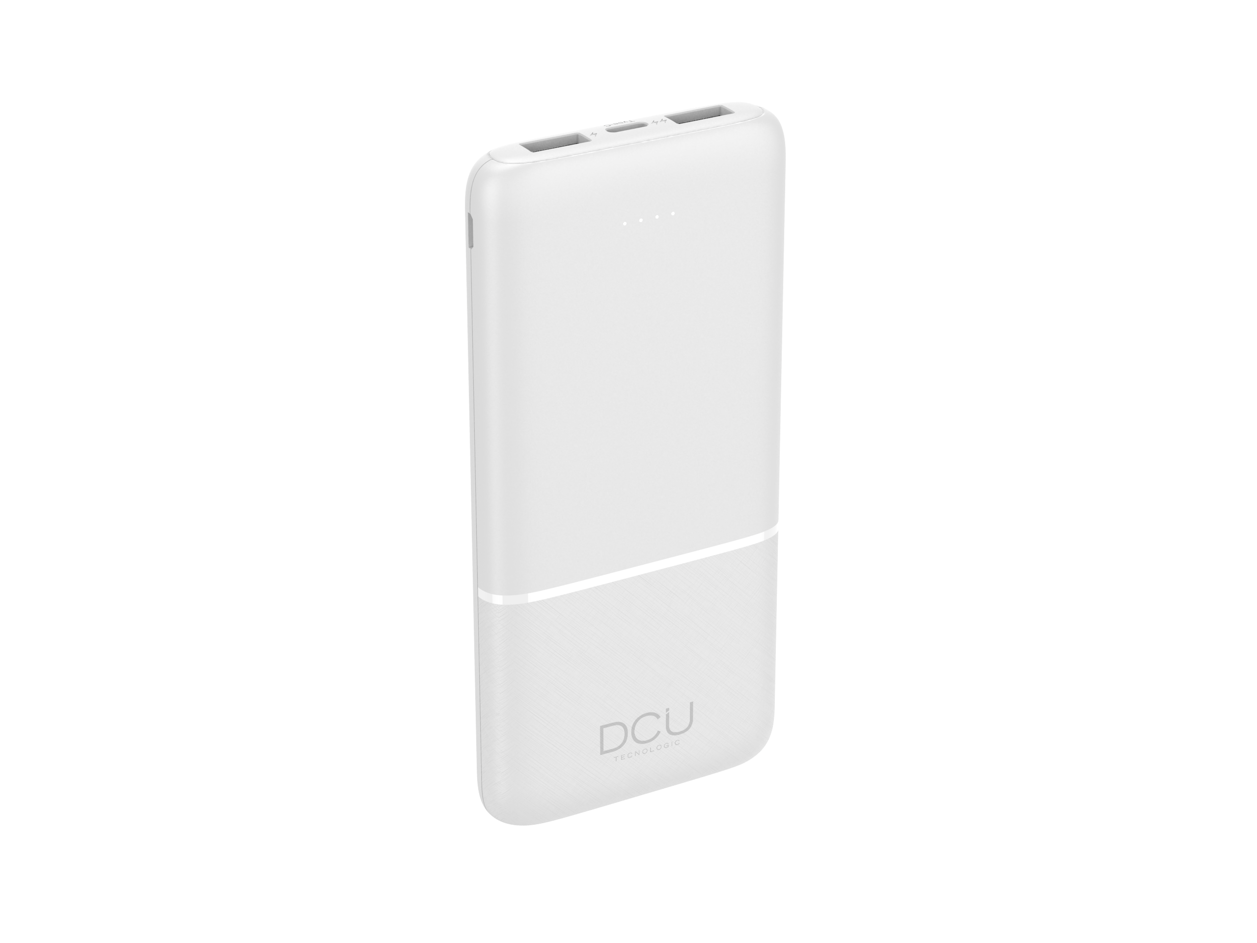 Batería externa blanca con una franja plateada. El logotipo DCU está en la parte inferior.